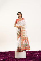 Jyoti Fashion Women's White Banarasi Pashmina Soft Silk Zari Woven Saree with Blouse - Distacart