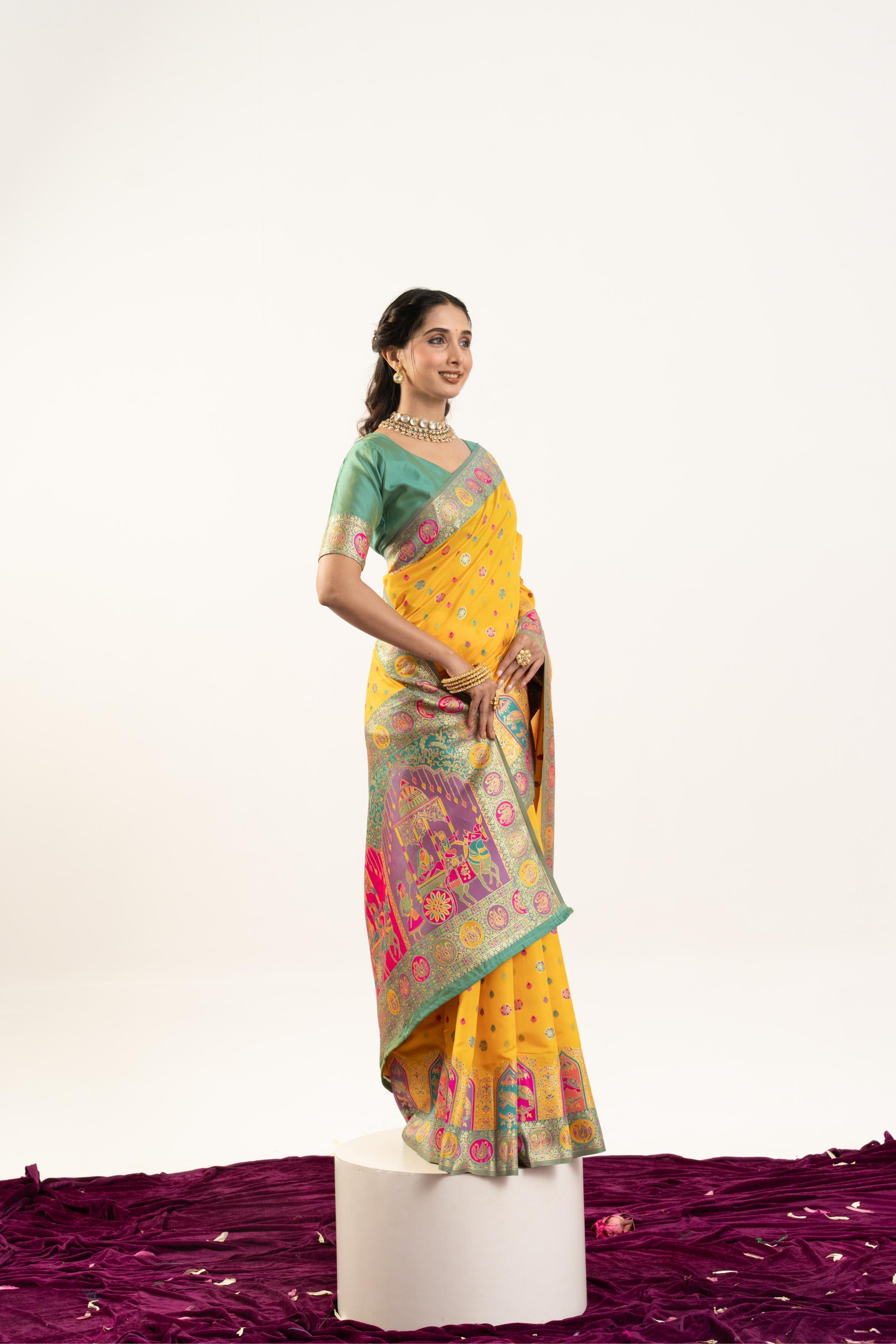 Jyoti Fashion Women's Yellow Banarasi Pashmina Soft Silk Zari Woven Saree with Blouse - Distacart