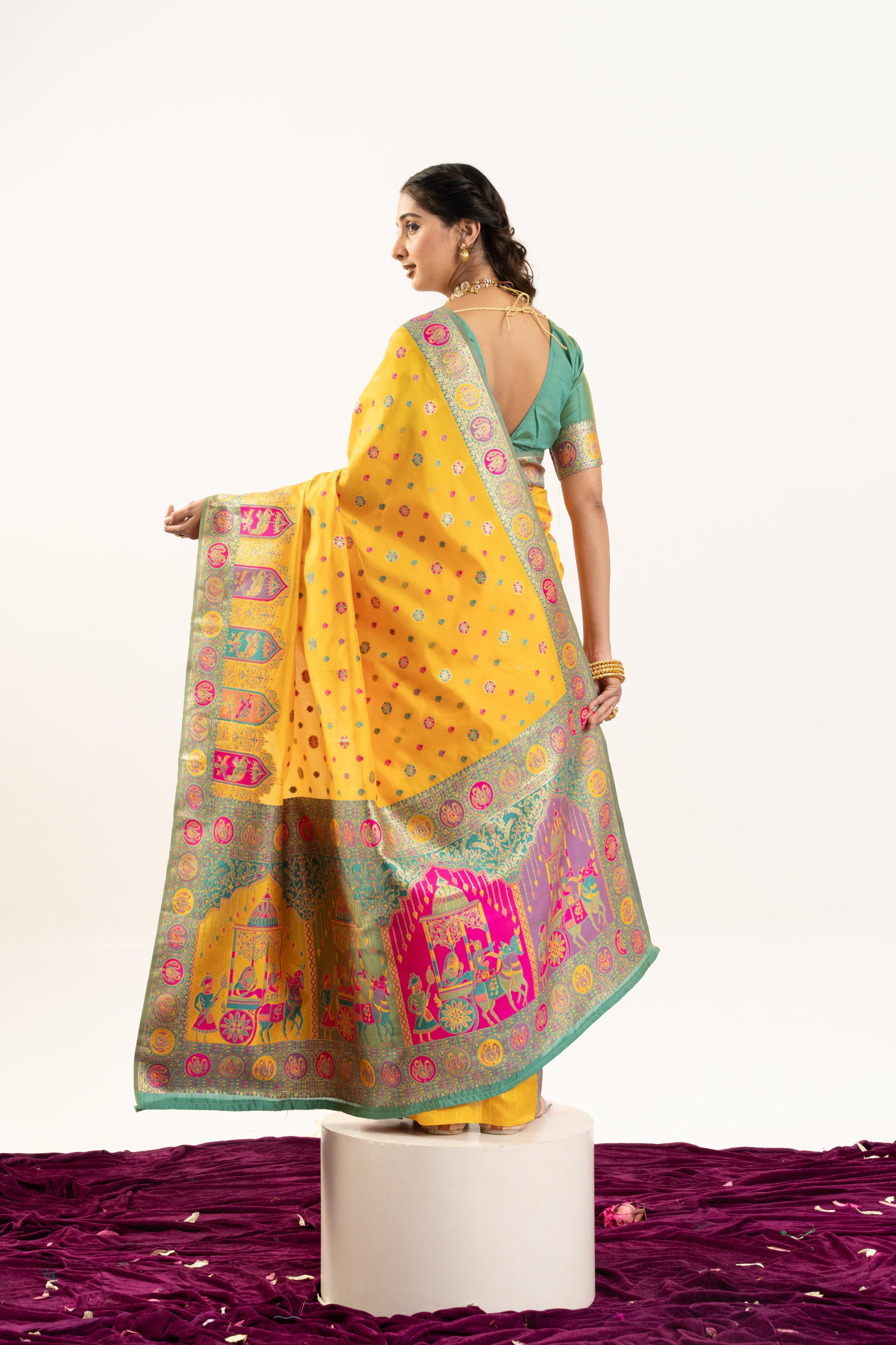 Jyoti Fashion Women's Yellow Banarasi Pashmina Soft Silk Zari Woven Saree with Blouse - Distacart