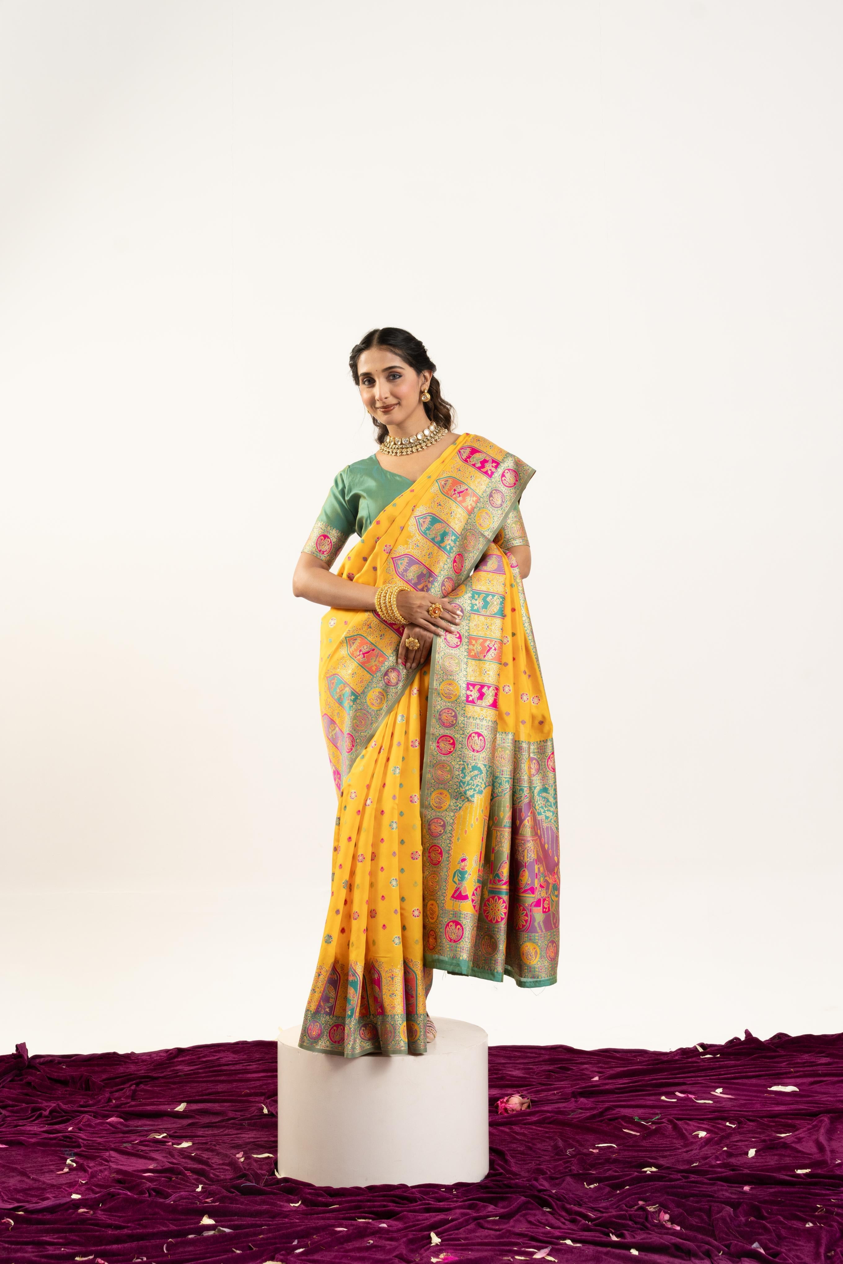 Jyoti Fashion Women's Yellow Banarasi Pashmina Soft Silk Zari Woven Saree with Blouse - Distacart