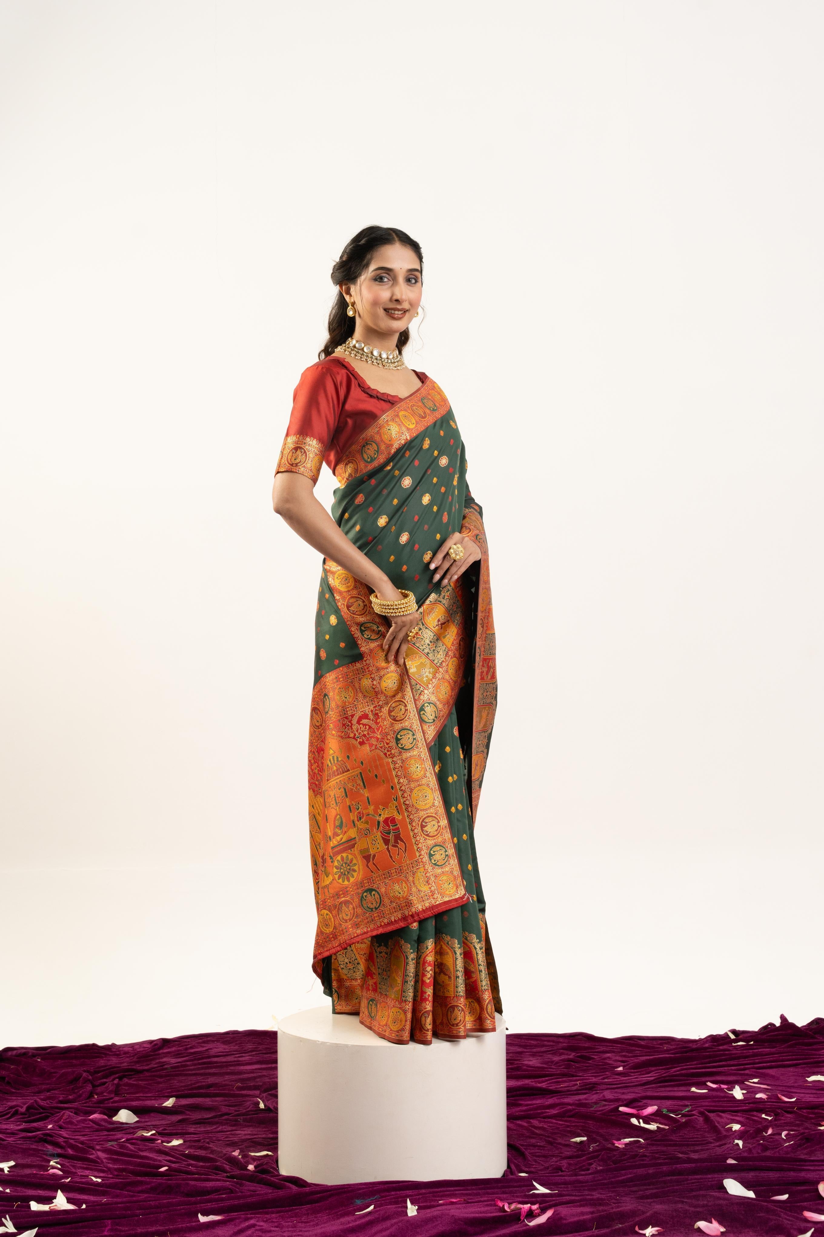 Jyoti Fashion Women's Bottle Green Banarasi Pashmina Soft Silk Zari Woven Saree with Blouse - Distacart