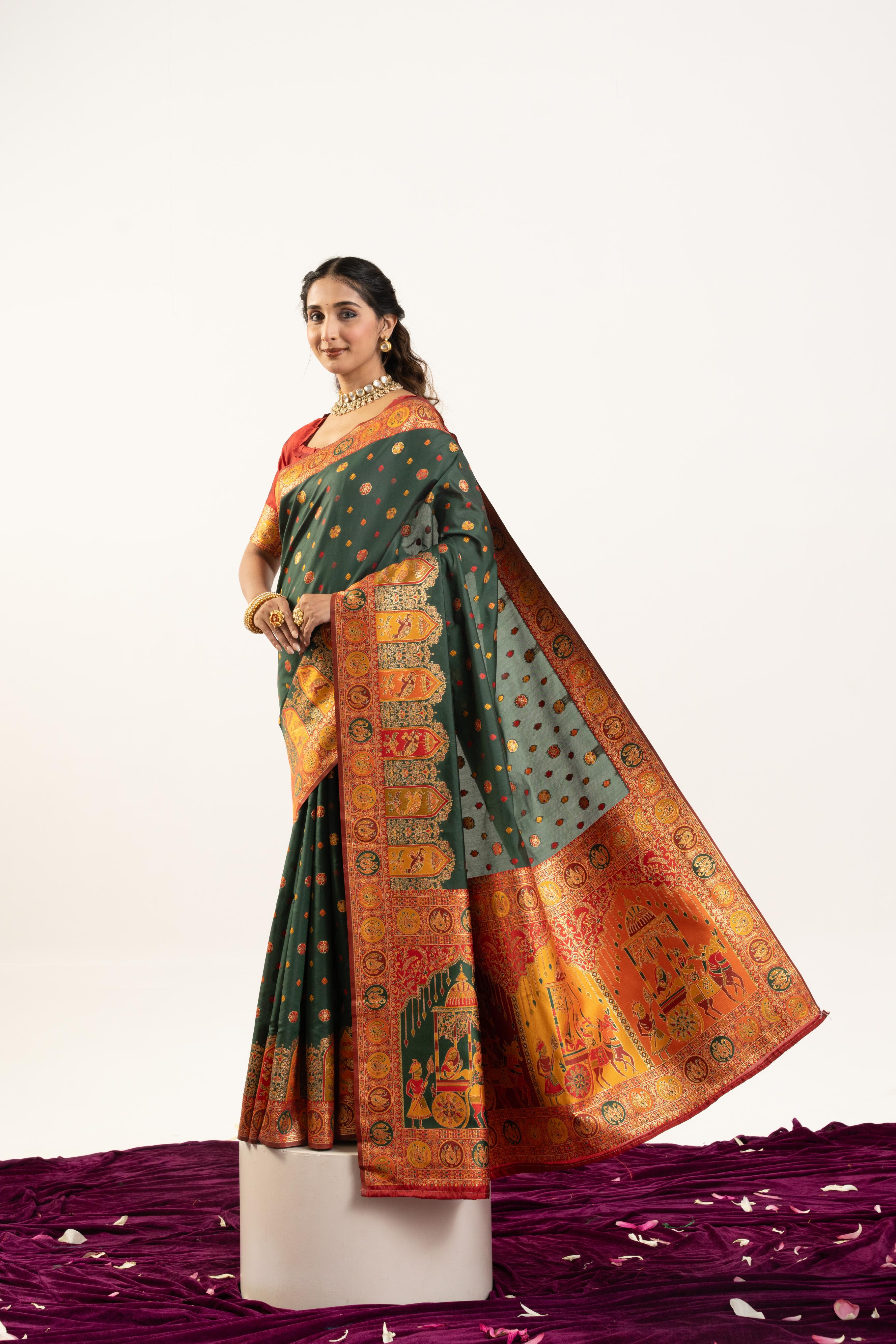Jyoti Fashion Women's Bottle Green Banarasi Pashmina Soft Silk Zari Woven Saree with Blouse - Distacart