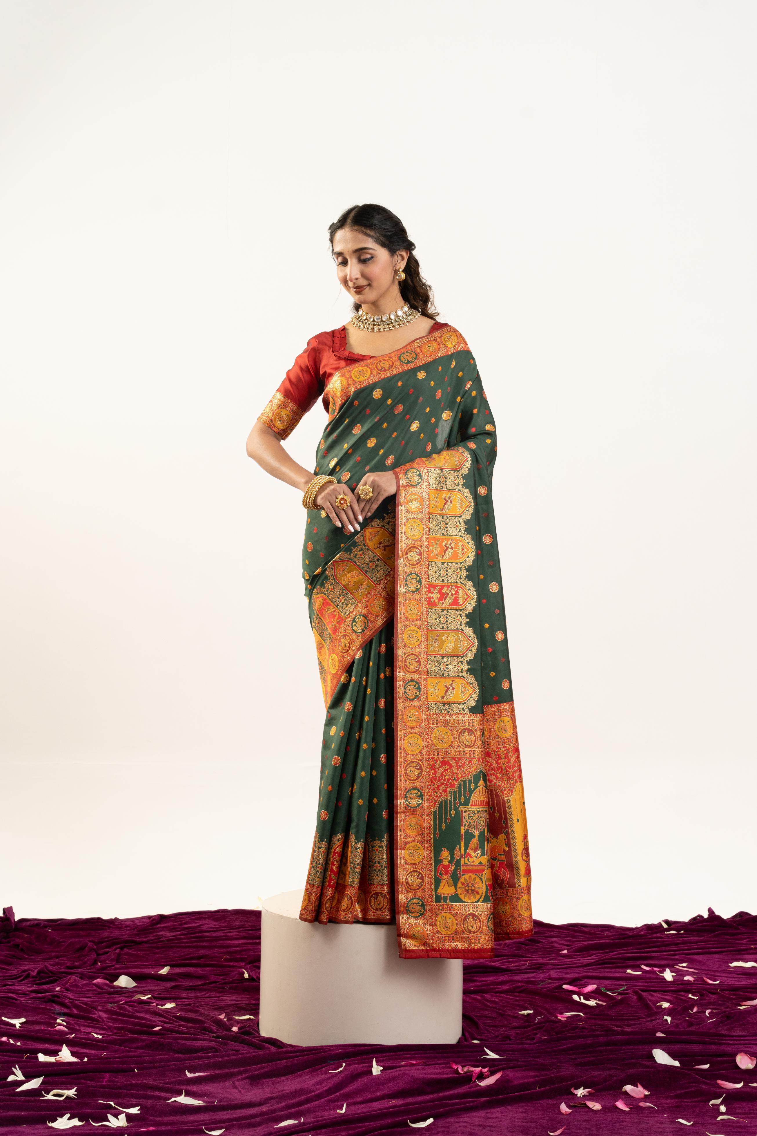 Jyoti Fashion Women's Bottle Green Banarasi Pashmina Soft Silk Zari Woven Saree with Blouse - Distacart