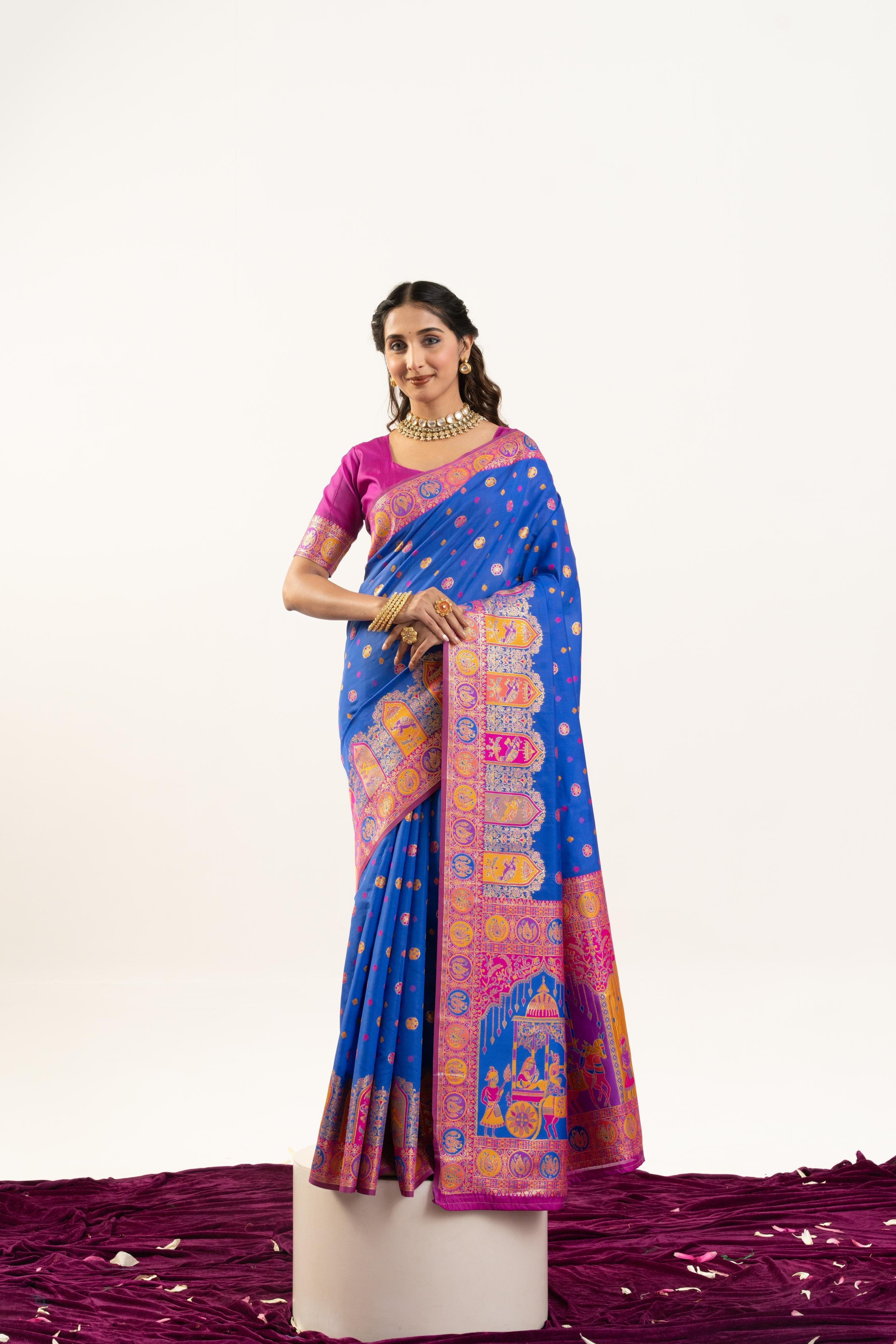 Jyoti Fashion Women's Blue Banarasi Pashmina Soft Silk Zari Woven Saree with Blouse - Distacart