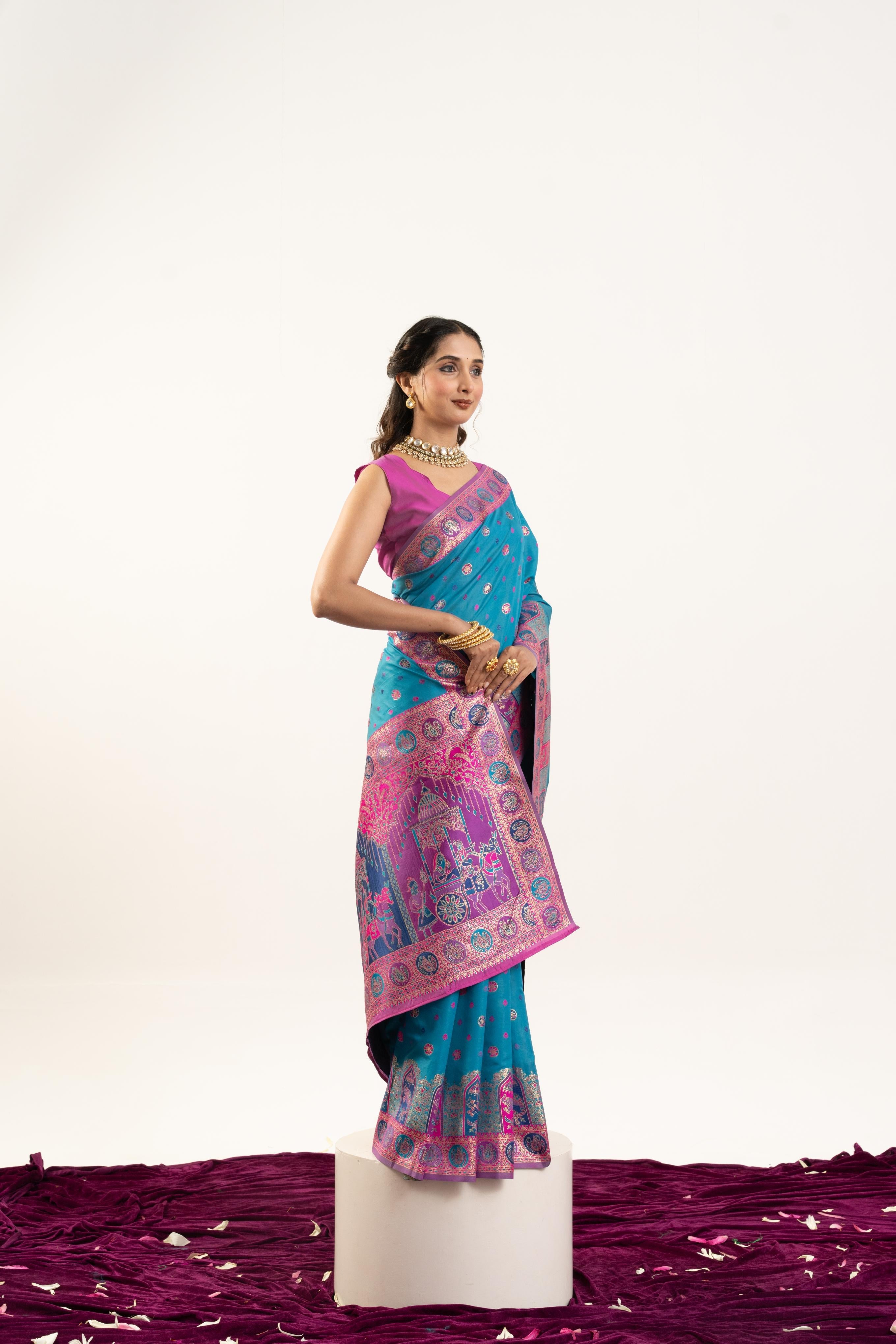 Jyoti Fashion Women's Turquoise Banarasi Pashmina Soft Silk Zari Woven Saree with Blouse - Distacart