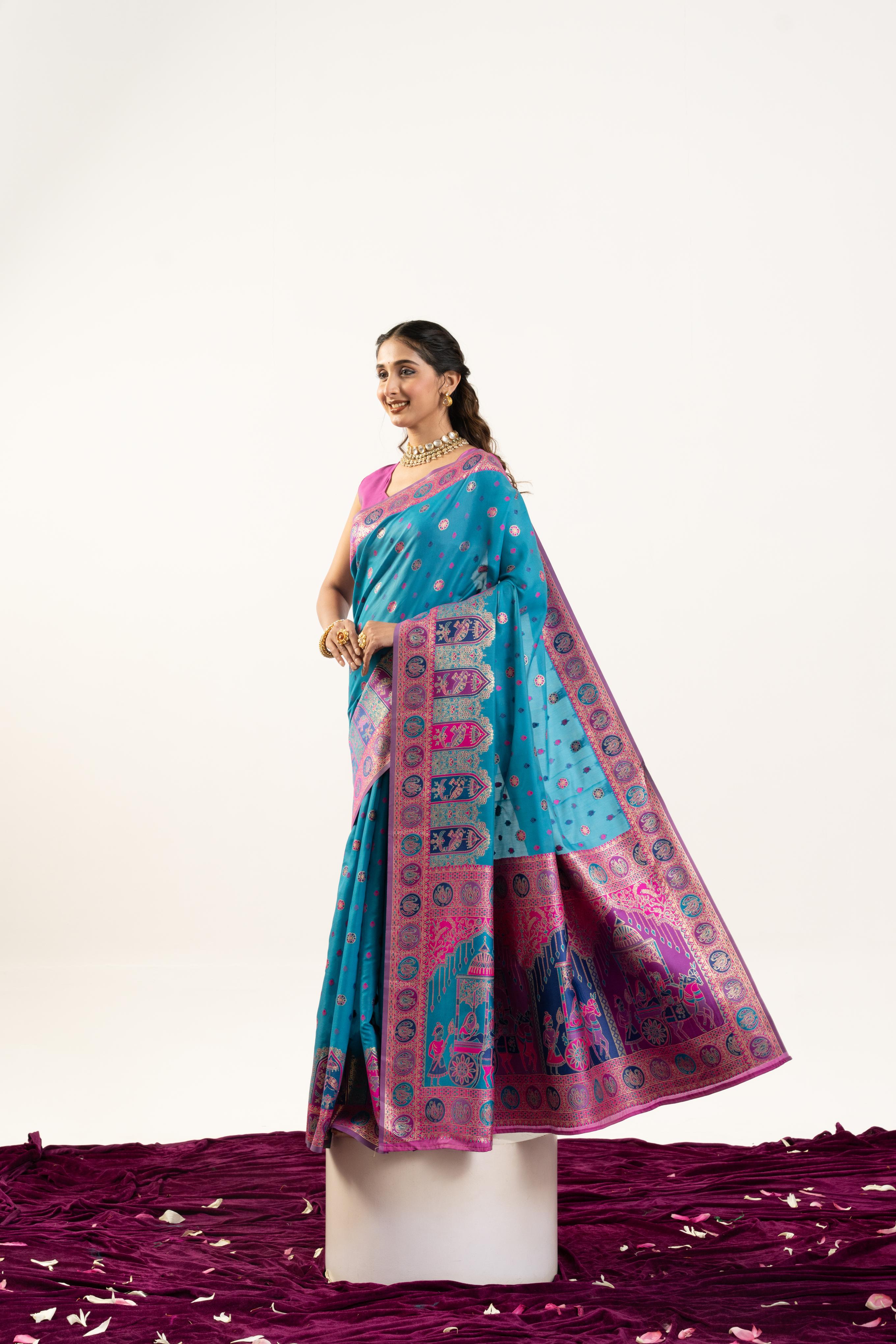 Jyoti Fashion Women's Turquoise Banarasi Pashmina Soft Silk Zari Woven Saree with Blouse - Distacart