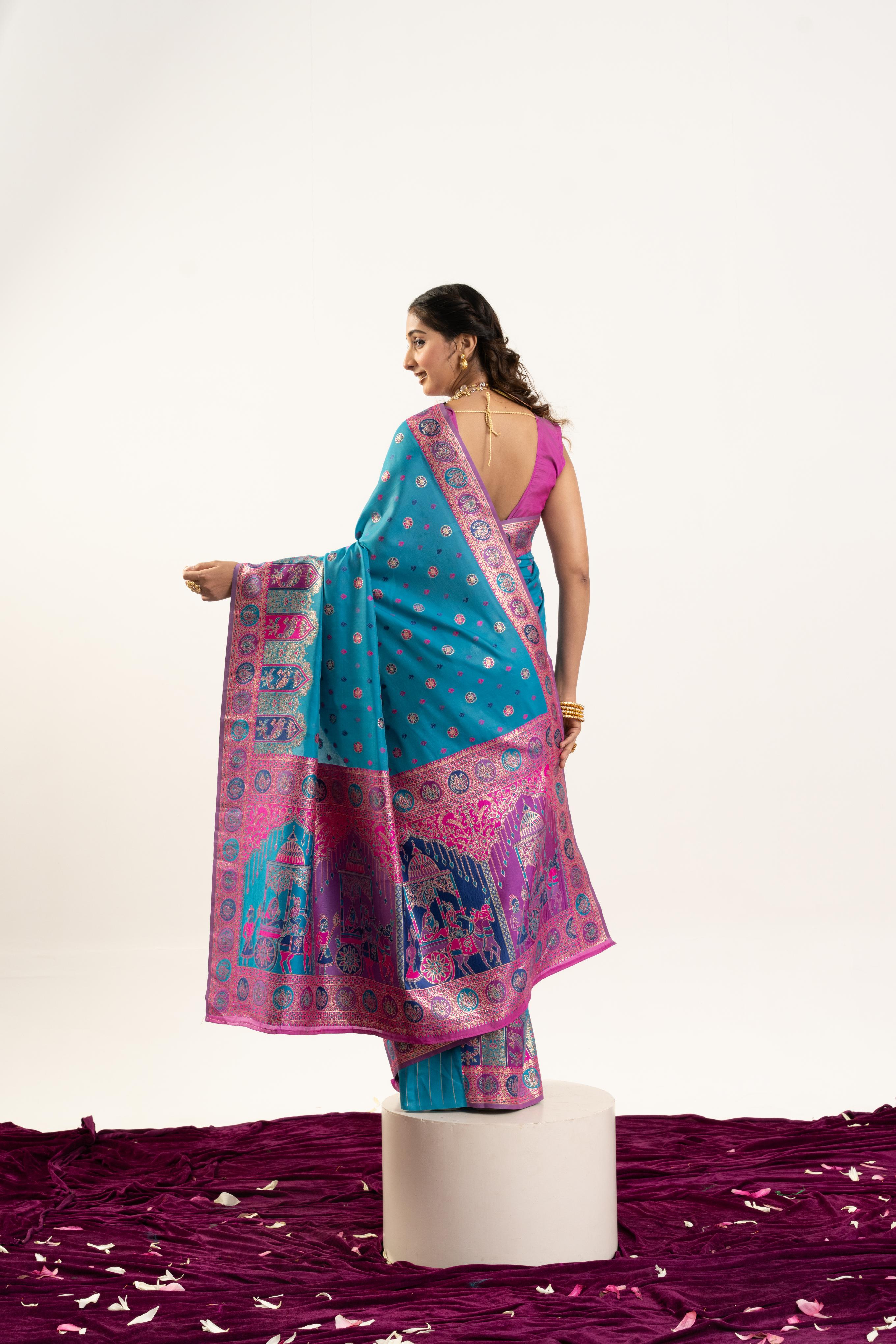 Jyoti Fashion Women's Turquoise Banarasi Pashmina Soft Silk Zari Woven Saree with Blouse - Distacart