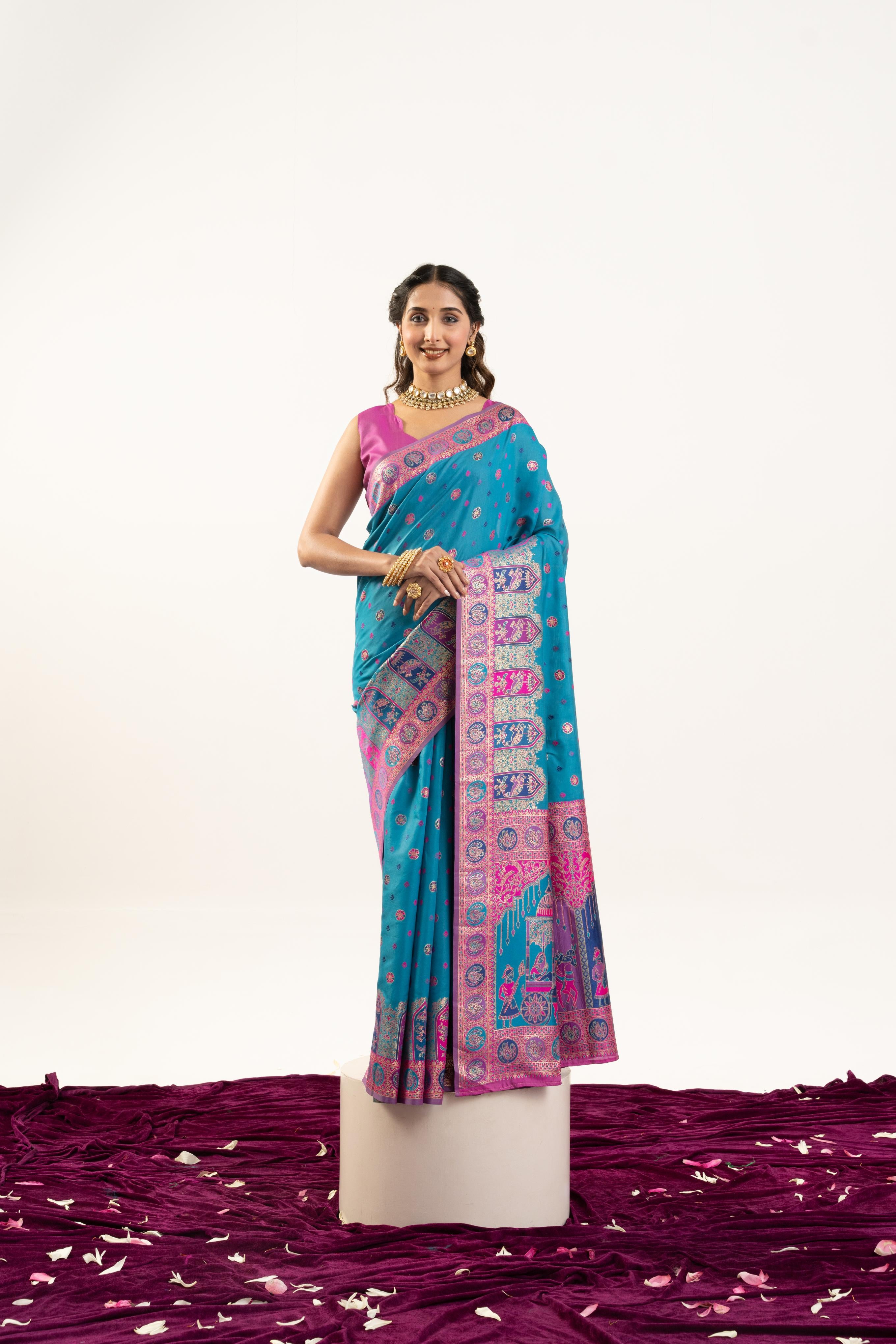 Jyoti Fashion Women's Turquoise Banarasi Pashmina Soft Silk Zari Woven Saree with Blouse - Distacart