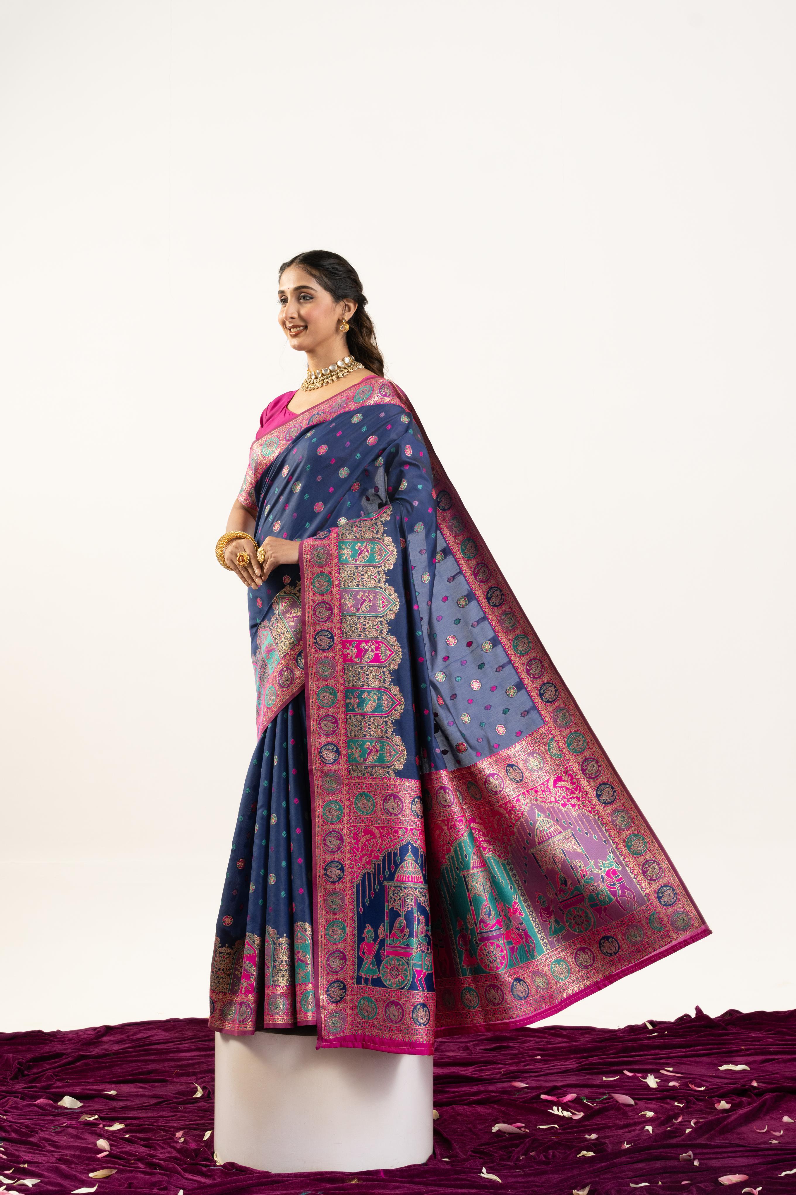 Jyoti Fashion Women's Navy Blue Banarasi Pashmina Soft Silk Zari Woven Saree with Blouse - Distacart