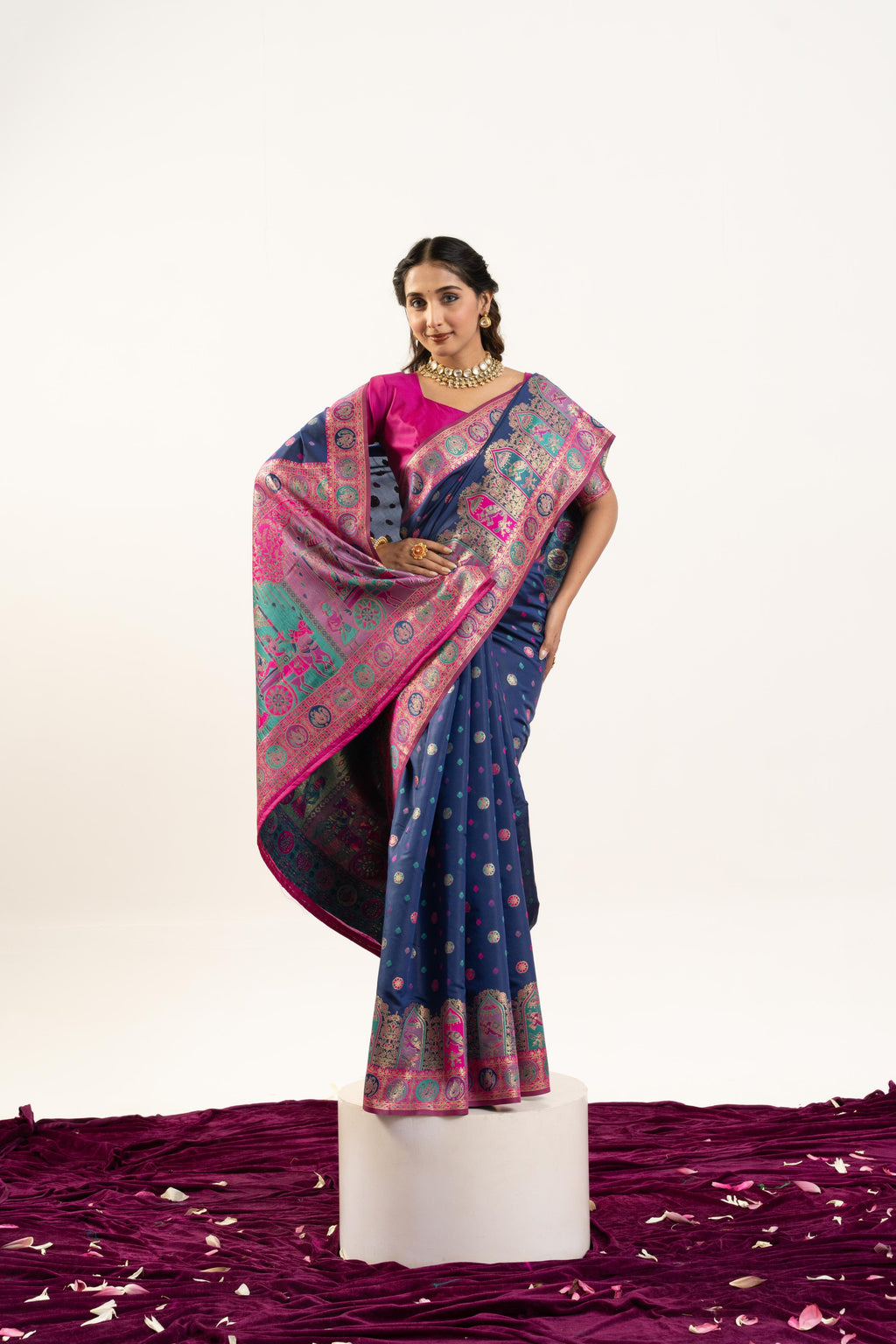Jyoti Fashion Women's Navy Blue Banarasi Pashmina Soft Silk Zari Woven Saree with Blouse - Distacart