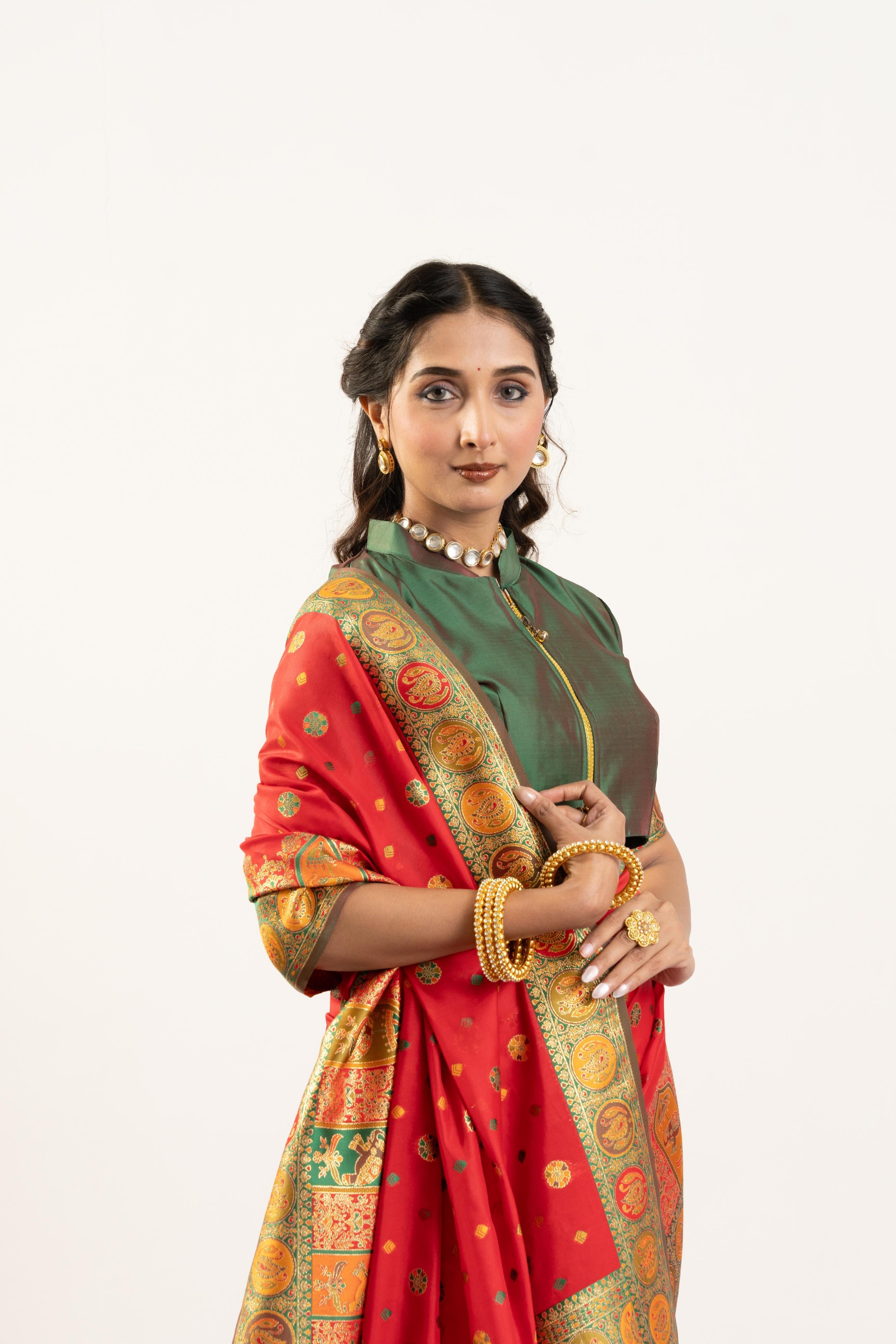 Jyoti Fashion Women's Red Banarasi Pashmina Soft Silk Zari Woven Saree with Blouse - Distacart