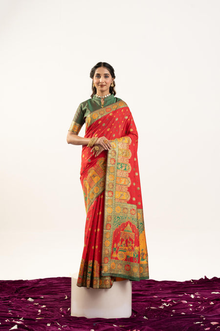 Jyoti Fashion Women's Red Banarasi Pashmina Soft Silk Zari Woven Saree with Blouse