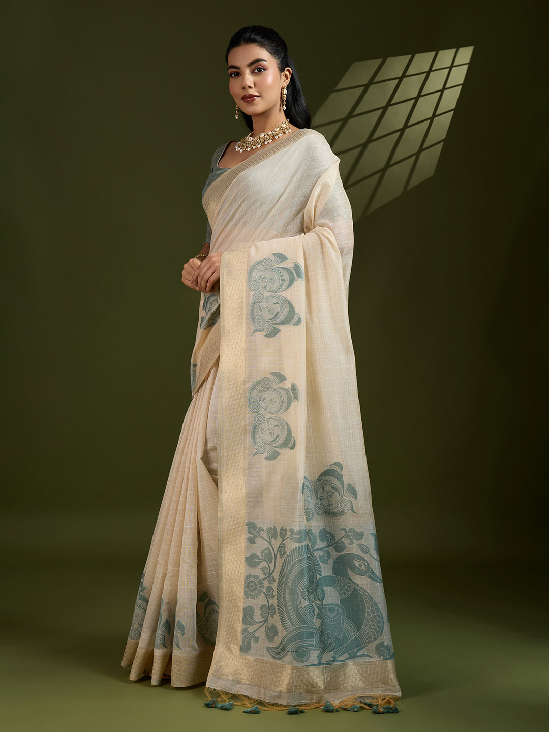 Jyoti Fashion Women's Grey Soft Muga Cotton Kalamkari Woven Saree with Blouse - Distacart