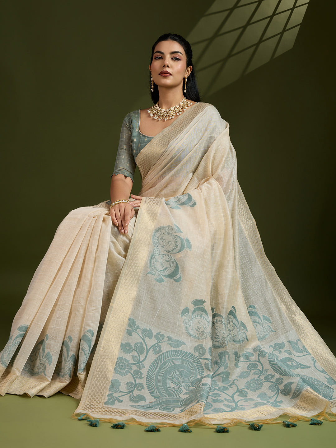 Jyoti Fashion Women's Grey Soft Muga Cotton Kalamkari Woven Saree with Blouse - Distacart
