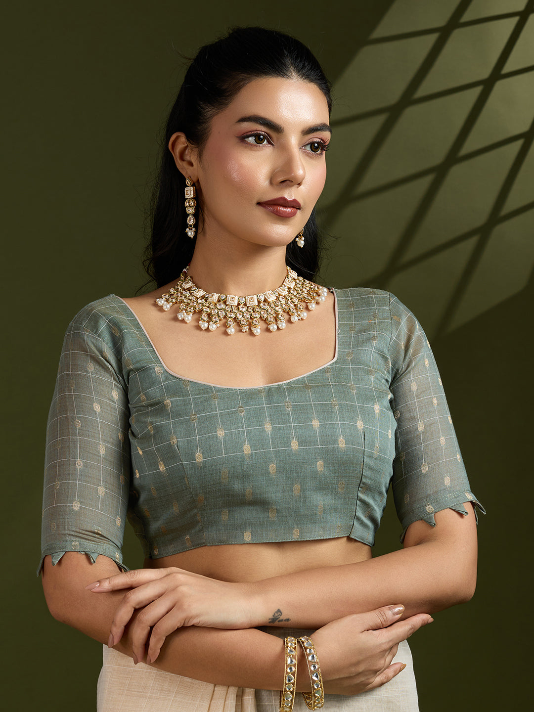 Jyoti Fashion Women's Grey Soft Muga Cotton Kalamkari Woven Saree with Blouse - Distacart