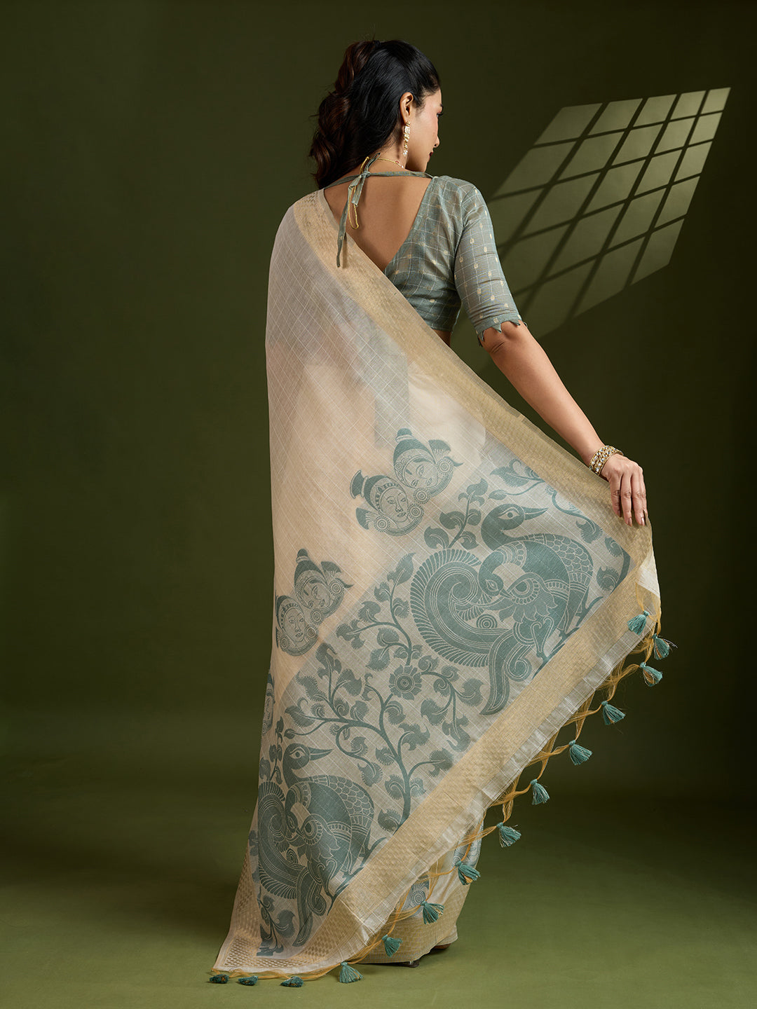 Jyoti Fashion Women's Grey Soft Muga Cotton Kalamkari Woven Saree with Blouse - Distacart