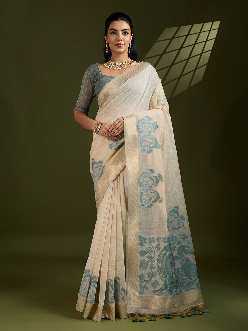 Jyoti Fashion Women's Grey Soft Muga Cotton Kalamkari Woven Saree with Blouse - Distacart