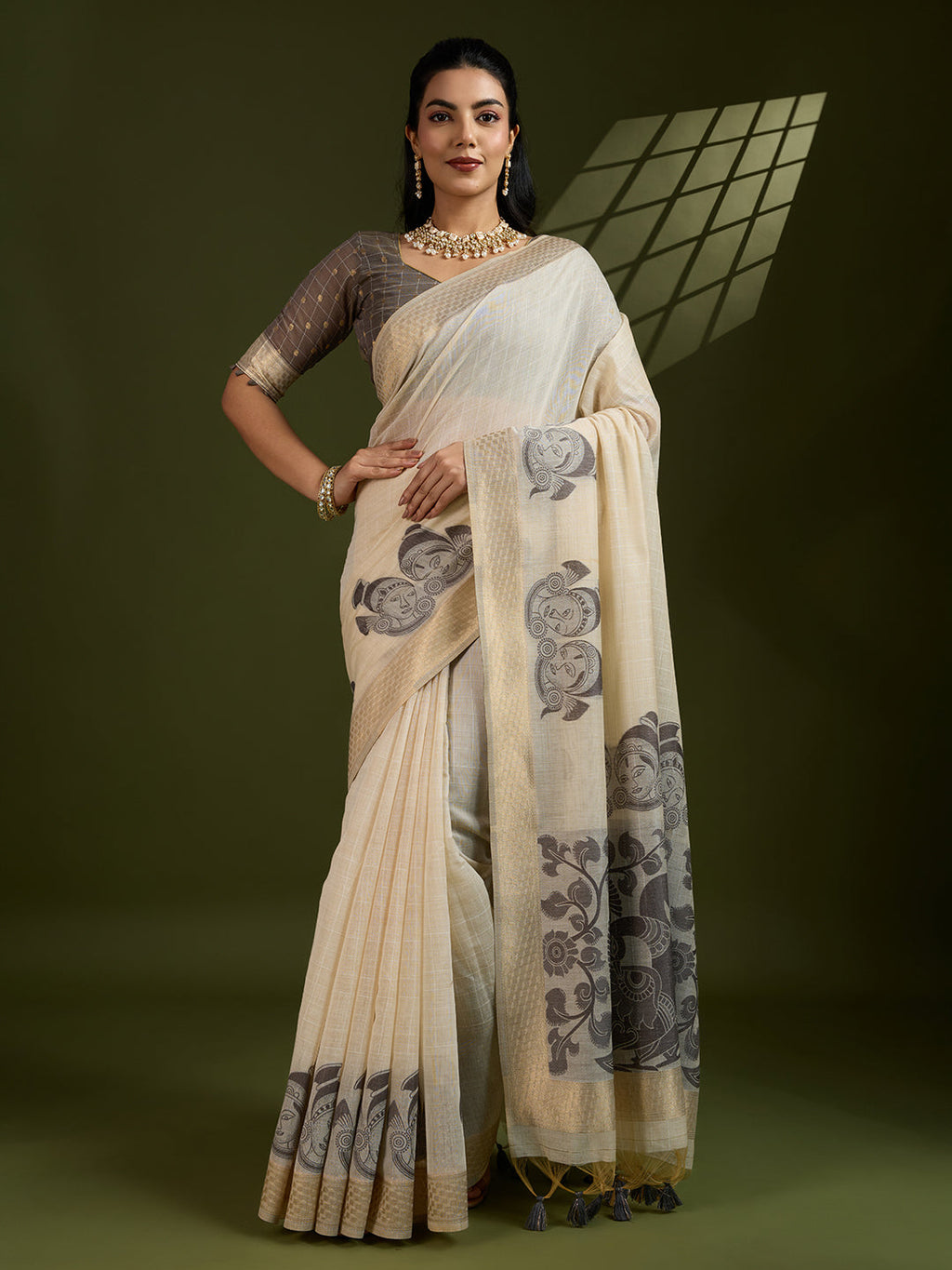Jyoti Fashion Women's Coffee Soft Muga Cotton Kalamkari Woven Saree with Blouse - Distacart