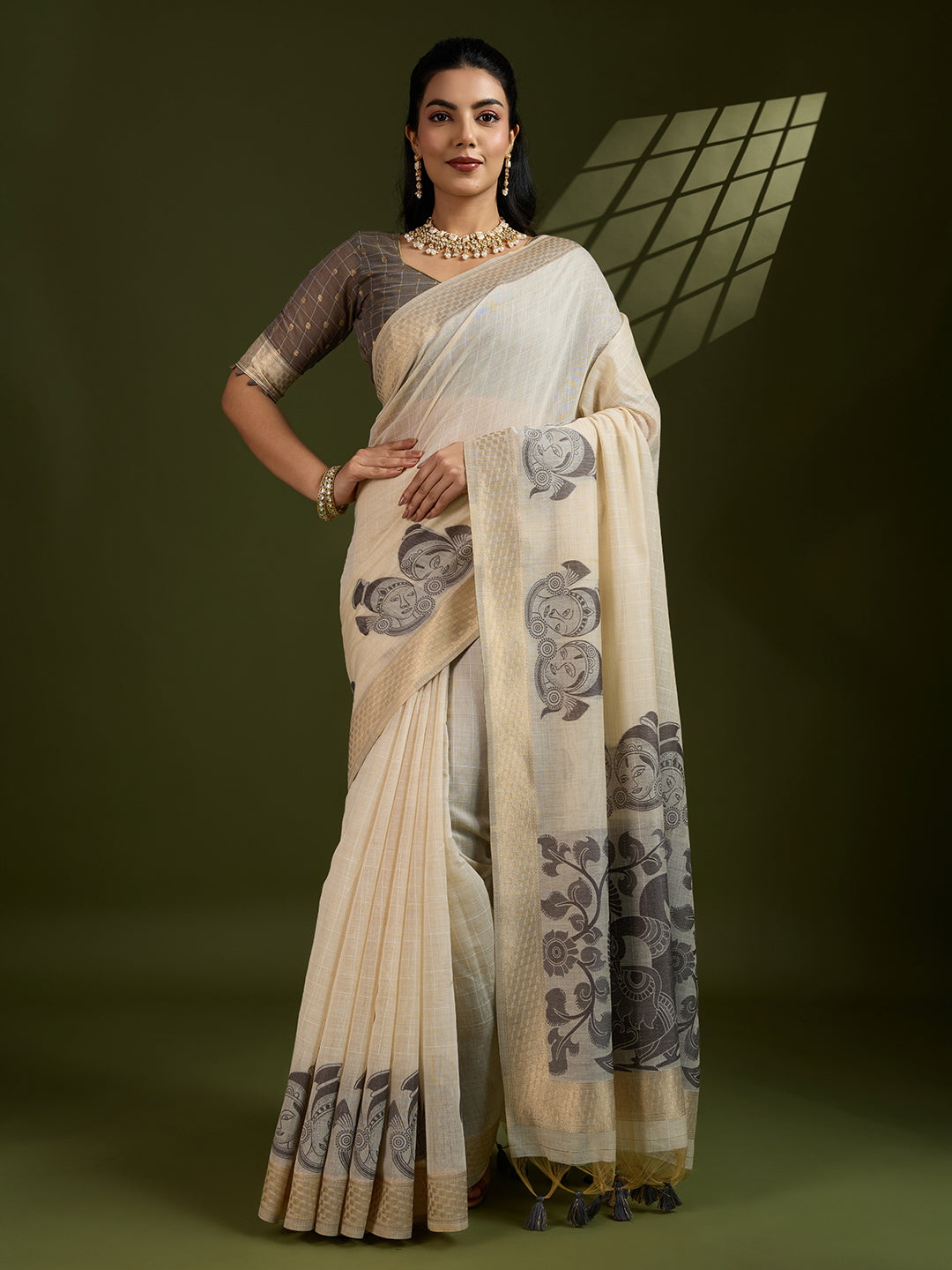 Jyoti Fashion Women's Coffee Soft Muga Cotton Kalamkari Woven Saree with Blouse - Distacart
