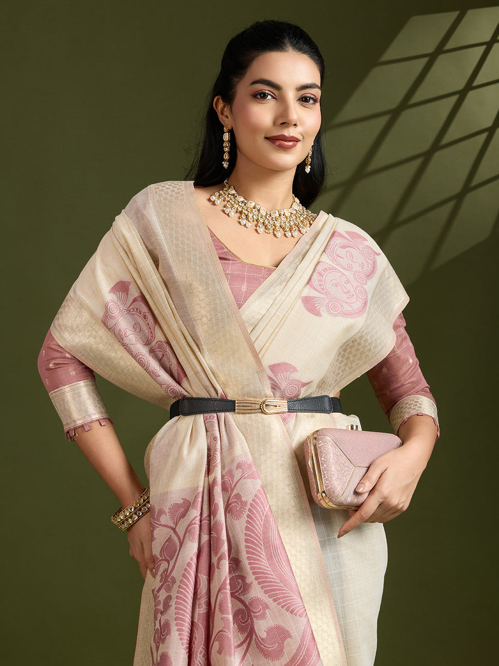 Jyoti Fashion Women's Pink Soft Muga Cotton Kalamkari Woven Saree with Blouse - Distacart