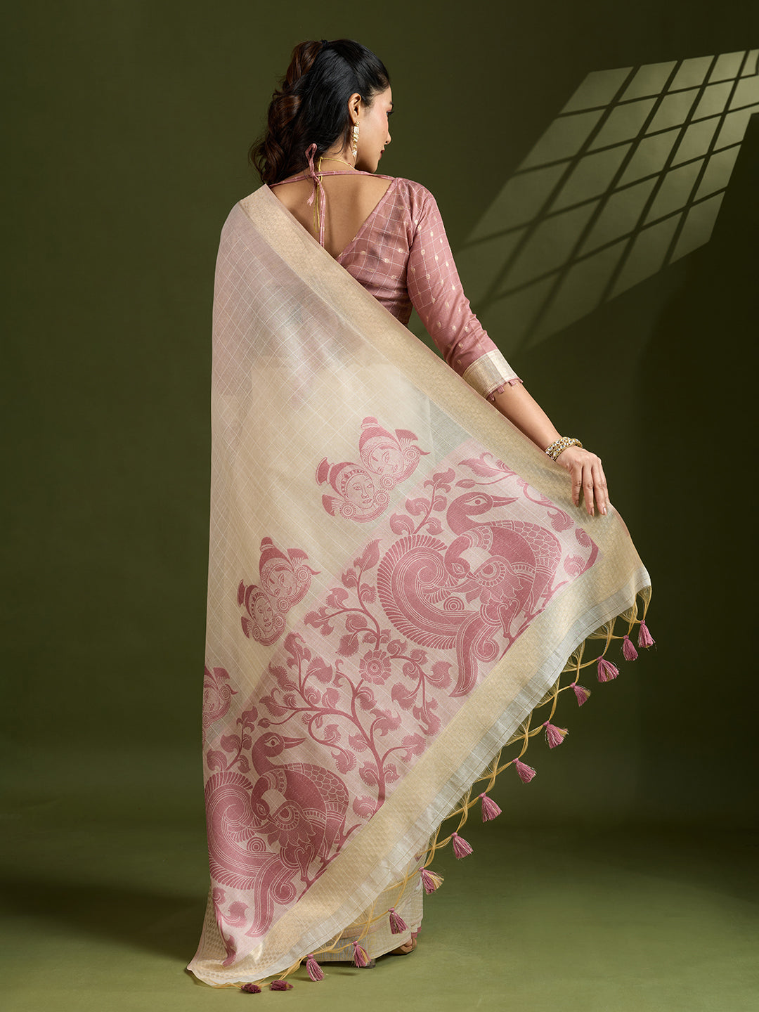 Jyoti Fashion Women's Pink Soft Muga Cotton Kalamkari Woven Saree with Blouse - Distacart
