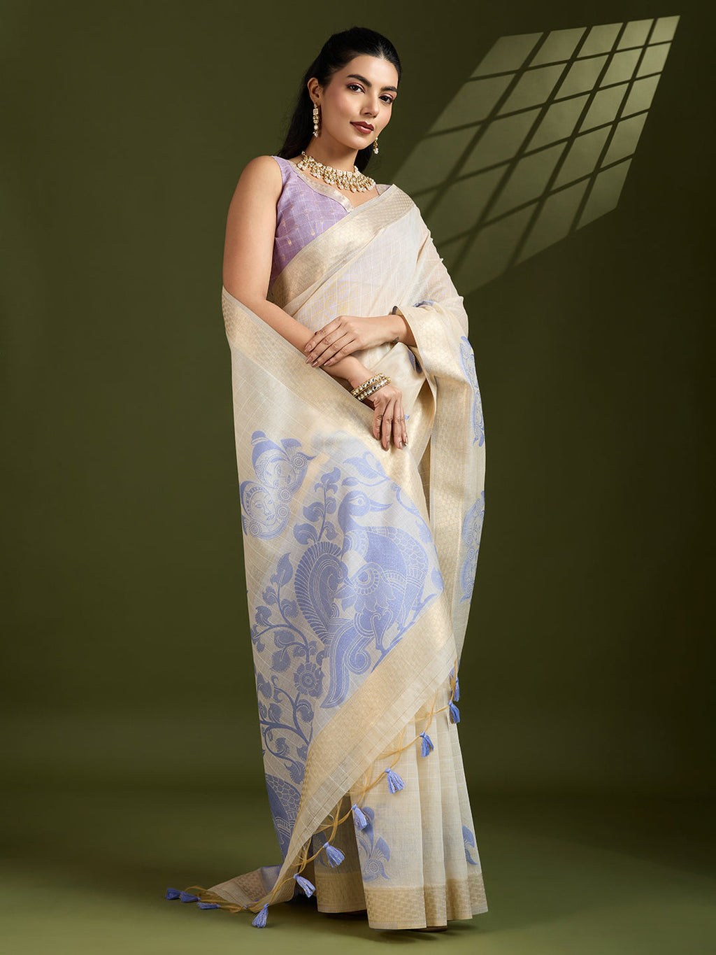 Jyoti Fashion Women's Purple Soft Muga Cotton Kalamkari Woven Saree with Blouse - Distacart