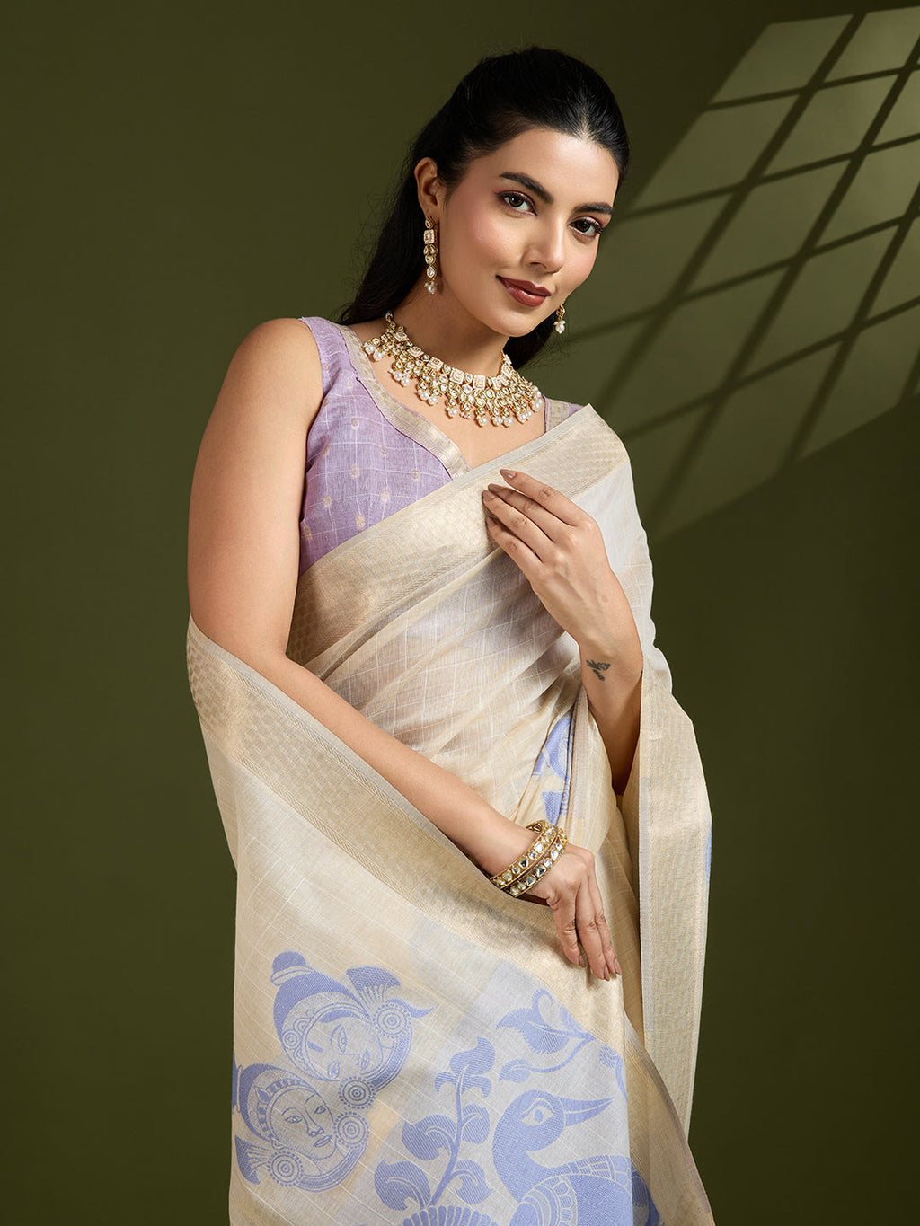 Jyoti Fashion Women's Purple Soft Muga Cotton Kalamkari Woven Saree with Blouse - Distacart