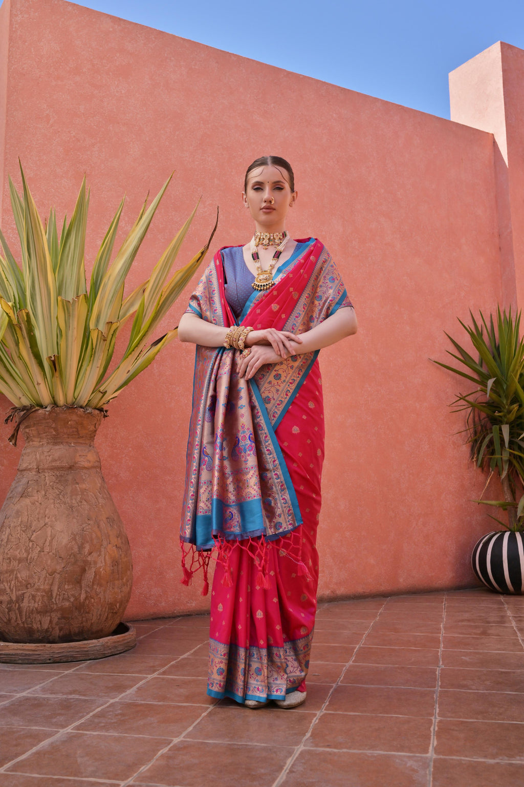 Jyoti Fashion Women's Rani Pink Paithani Silk Zari Woven Saree with Blouse - Distacart