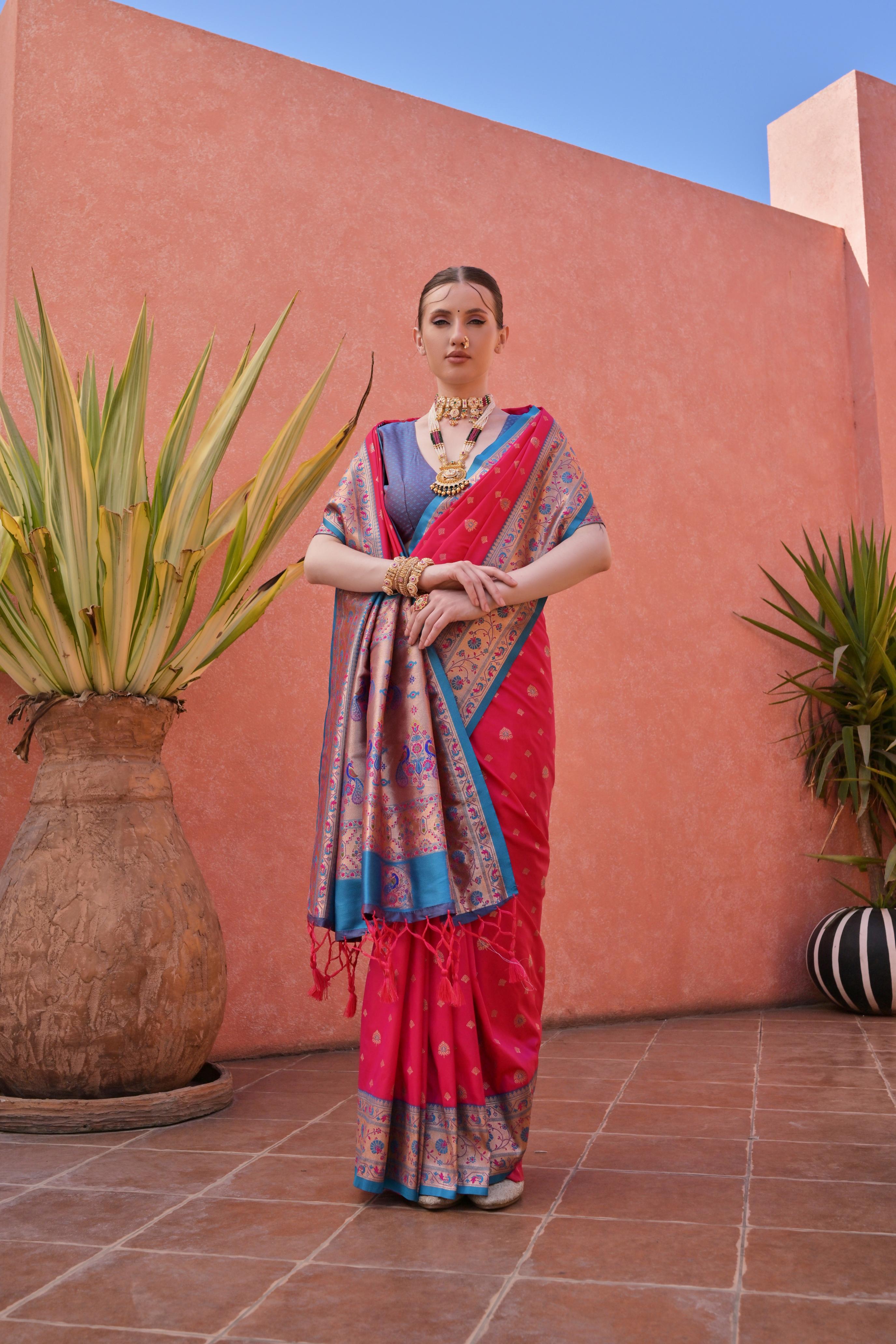 Jyoti Fashion Women's Rani Pink Paithani Silk Zari Woven Saree with Blouse - Distacart