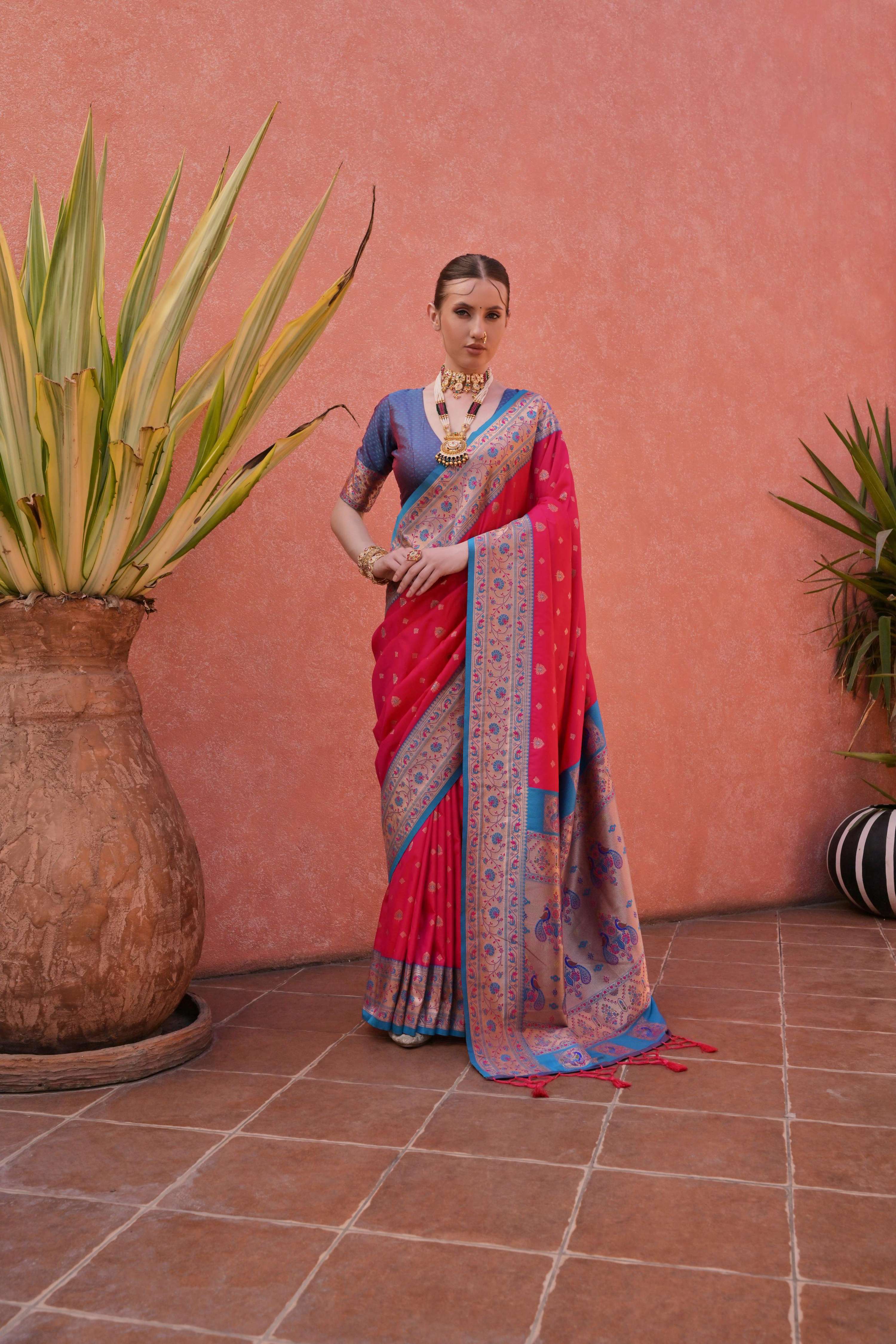 Jyoti Fashion Women's Rani Pink Paithani Silk Zari Woven Saree with Blouse - Distacart