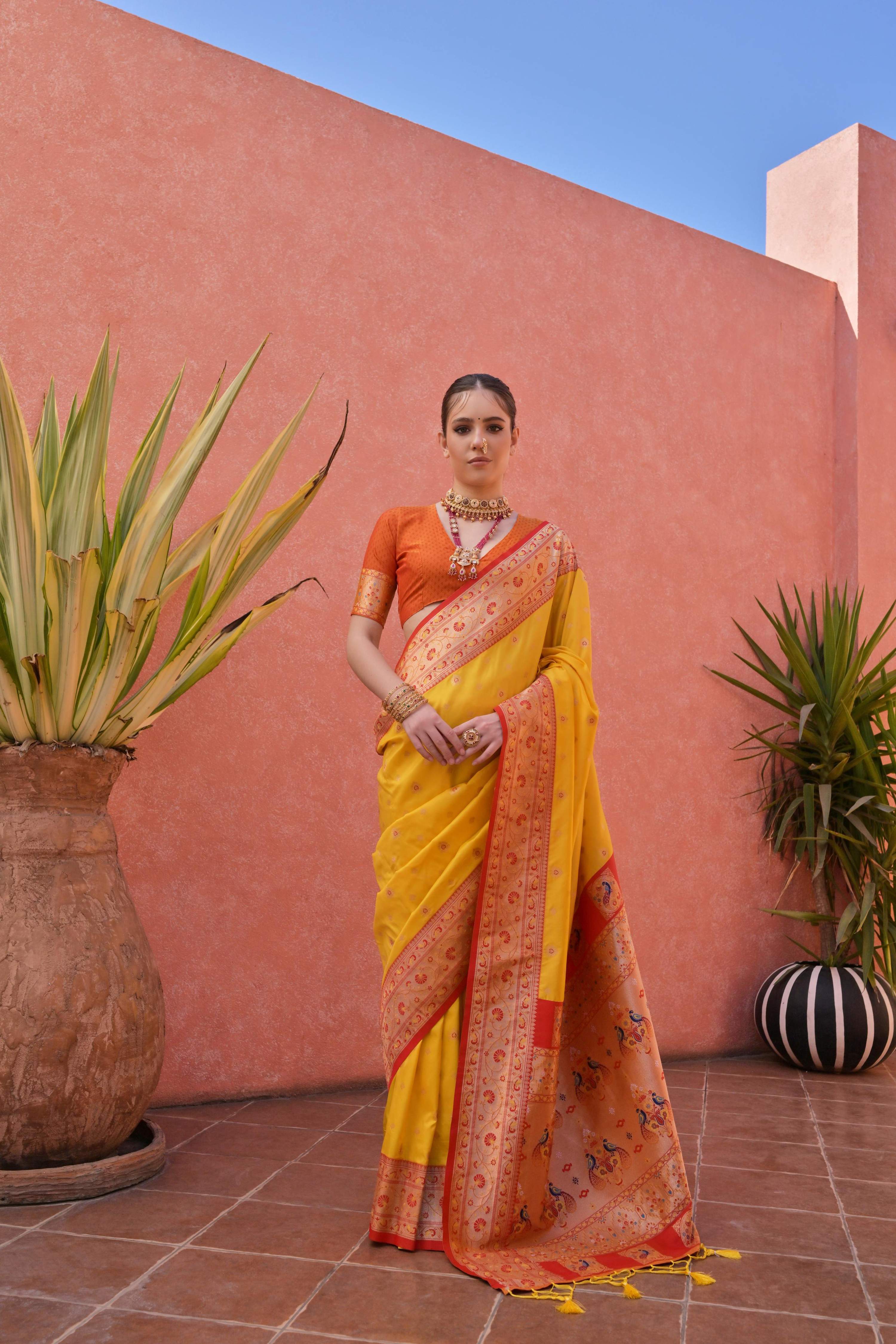 Jyoti Fashion Women's Yellow Paithani Silk Zari Woven Saree with Blouse - Distacart