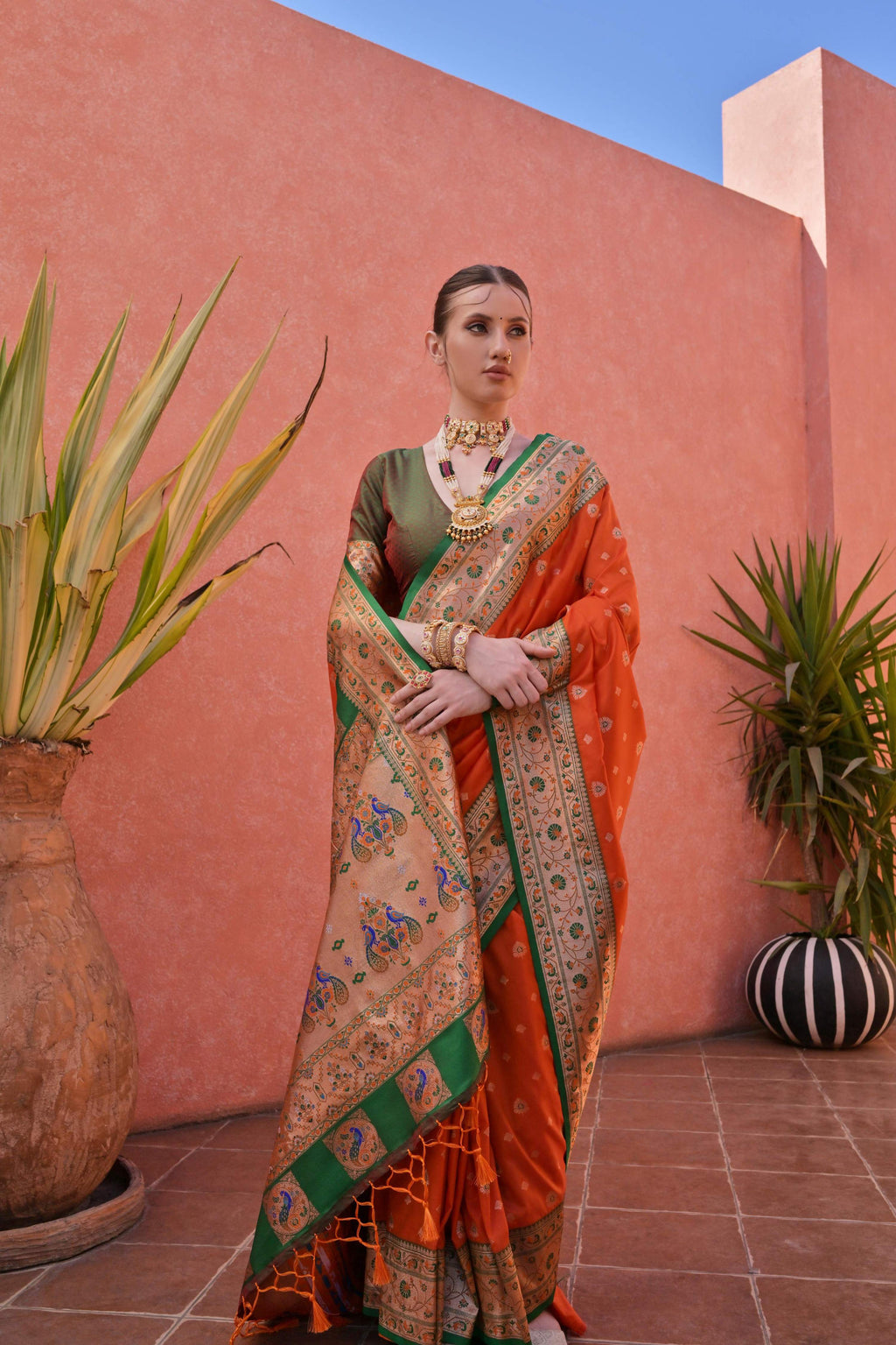 Jyoti Fashion Women's Orange Paithani Silk Zari Woven Saree with Blouse - Distacart