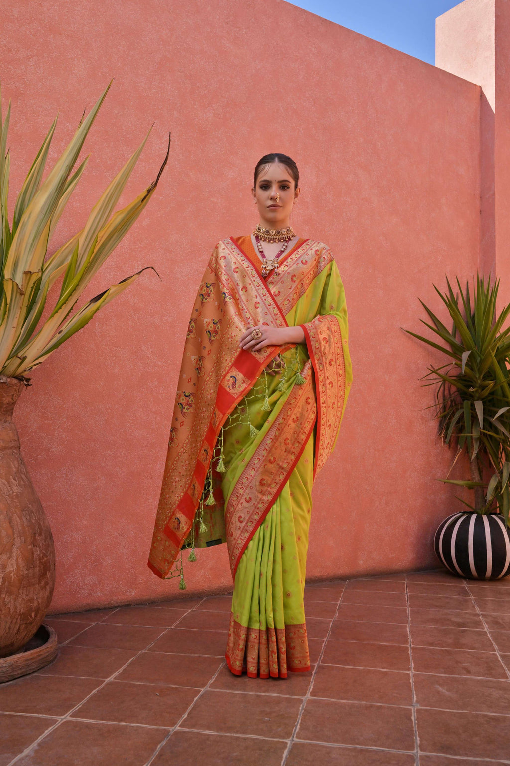 Jyoti Fashion Women's Pista Green Paithani Silk Zari Woven Saree with Blouse - Distacart