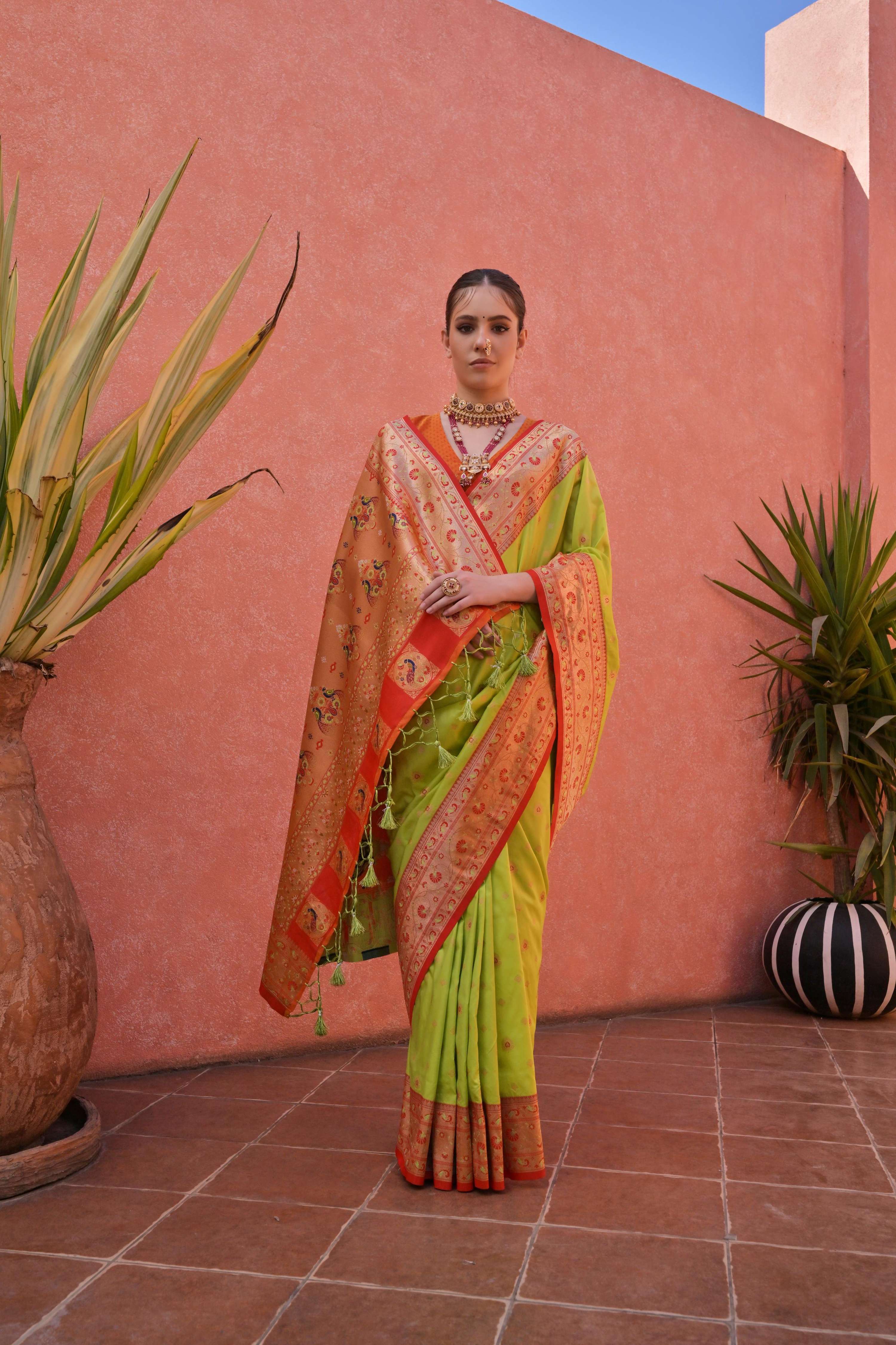 Jyoti Fashion Women's Pista Green Paithani Silk Zari Woven Saree with Blouse - Distacart