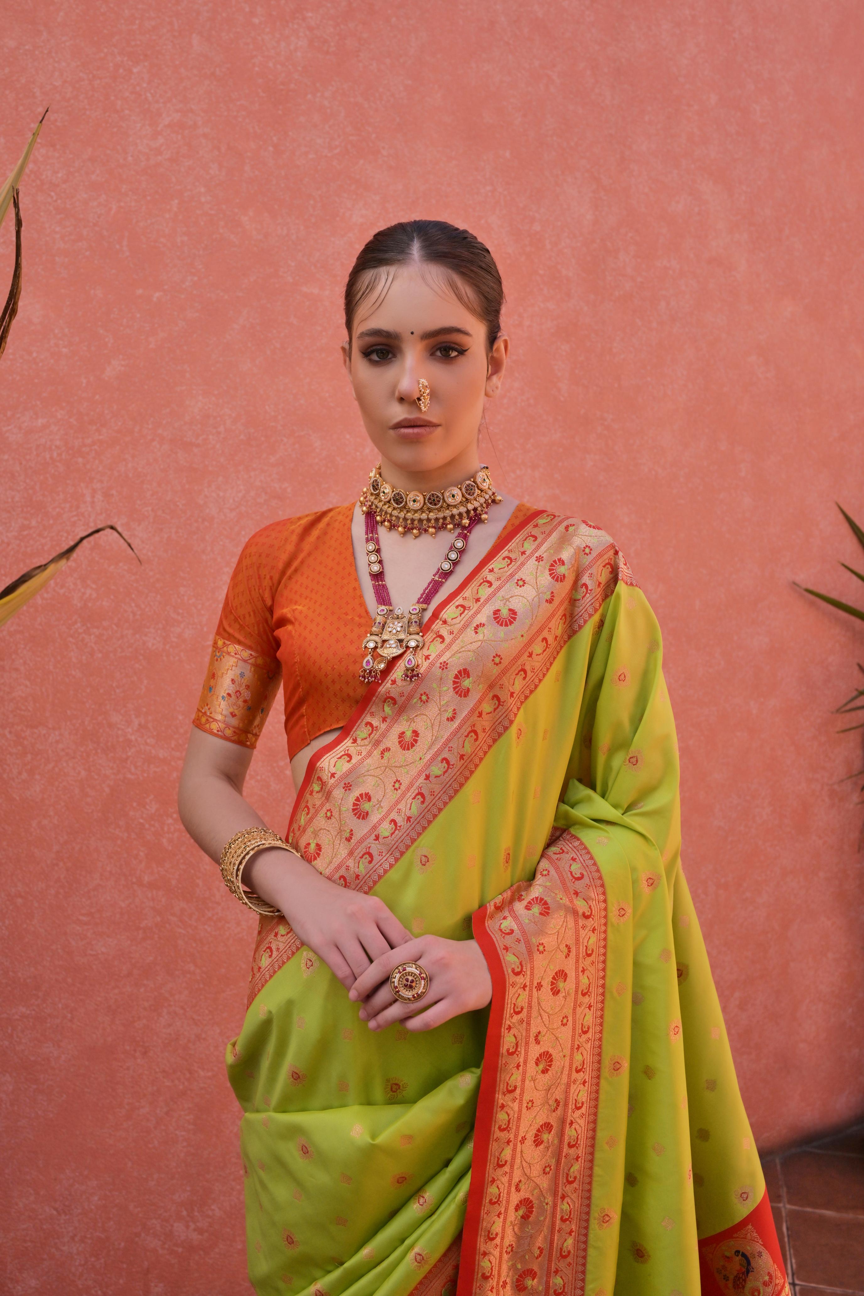 Jyoti Fashion Women's Pista Green Paithani Silk Zari Woven Saree with Blouse - Distacart
