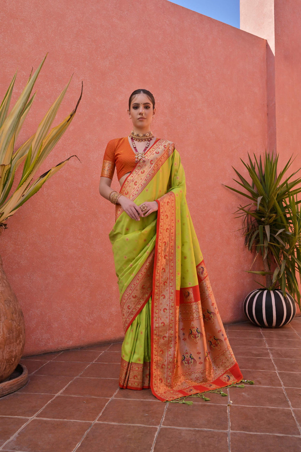 Jyoti Fashion Women's Pista Green Paithani Silk Zari Woven Saree with Blouse - Distacart