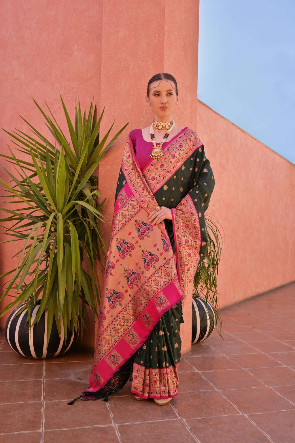 Jyoti Fashion Women's Bottle Green Paithani Silk Zari Woven Saree with Blouse - Distacart