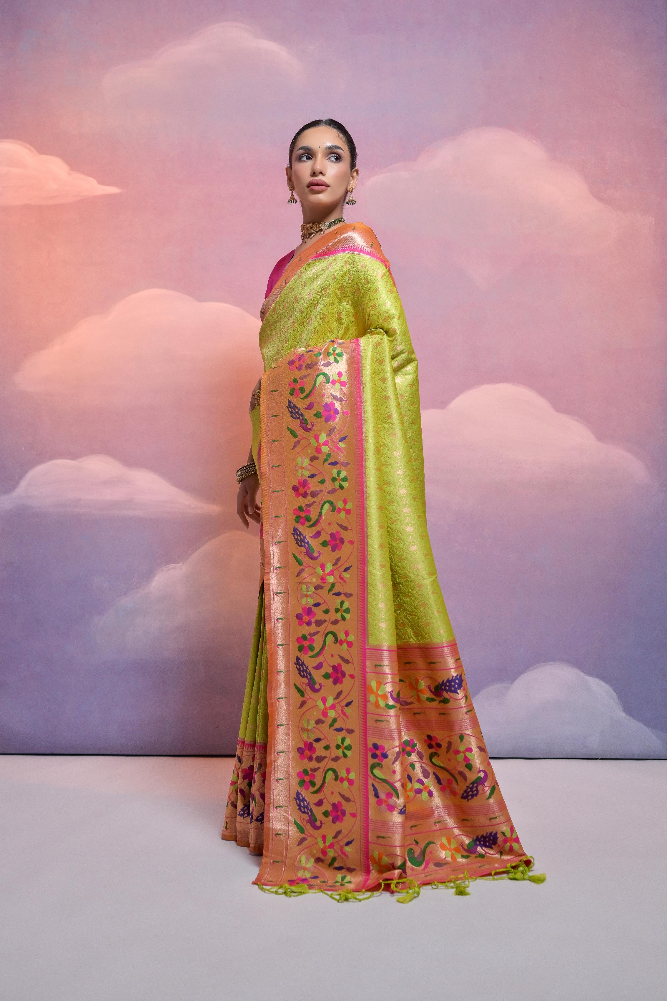 Jyoti Fashion Women's Parrot Green Paithani Silk Zari Woven Saree with Blouse - Distacart