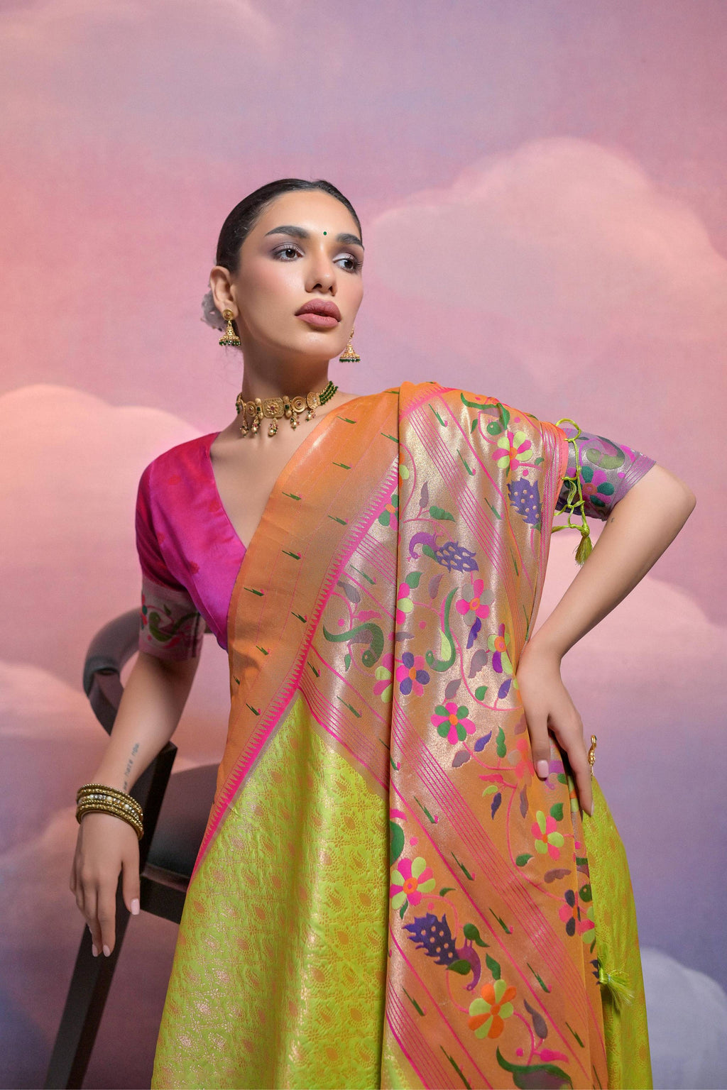 Jyoti Fashion Women's Parrot Green Paithani Silk Zari Woven Saree with Blouse - Distacart