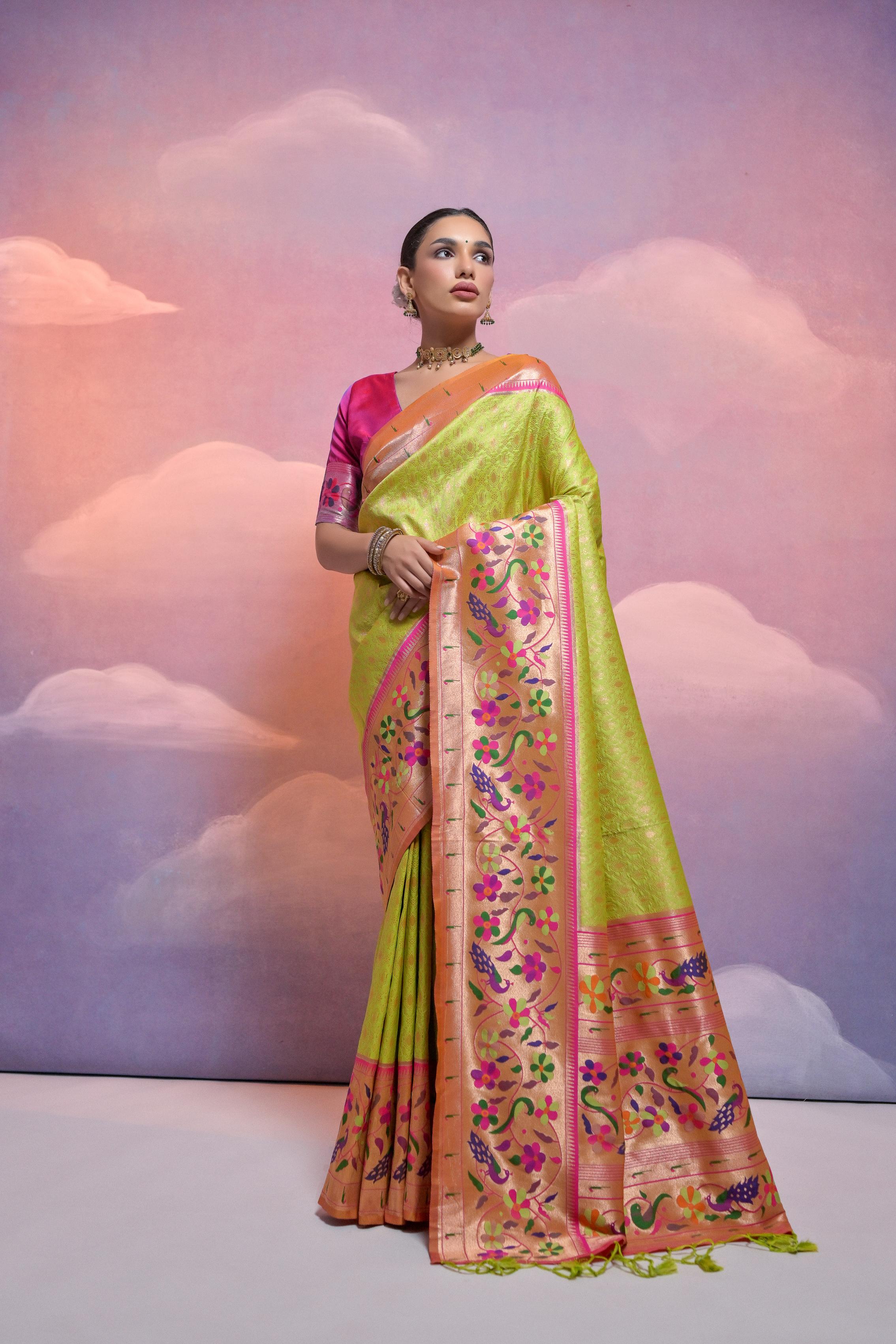 Jyoti Fashion Women's Parrot Green Paithani Silk Zari Woven Saree with Blouse - Distacart