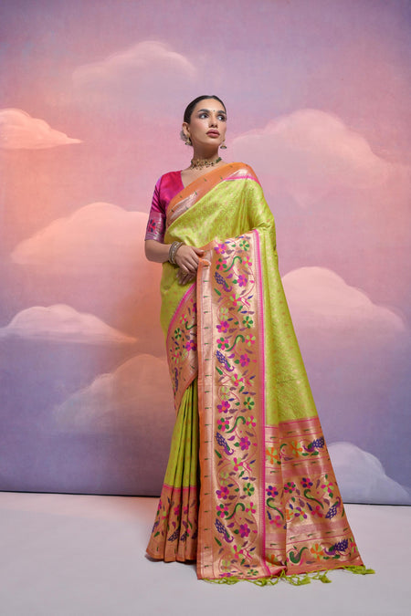 Jyoti Fashion Women's Parrot Green Paithani Silk Zari Woven Saree with Blouse