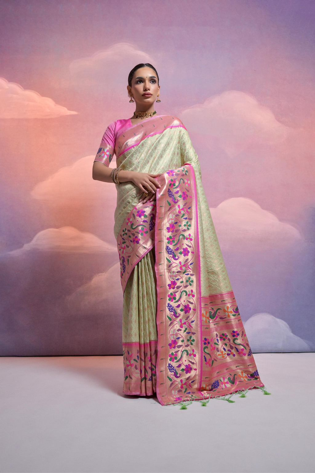 Jyoti Fashion Women's Pista Green Paithani Silk Zari Woven Saree with Blouse - Distacart