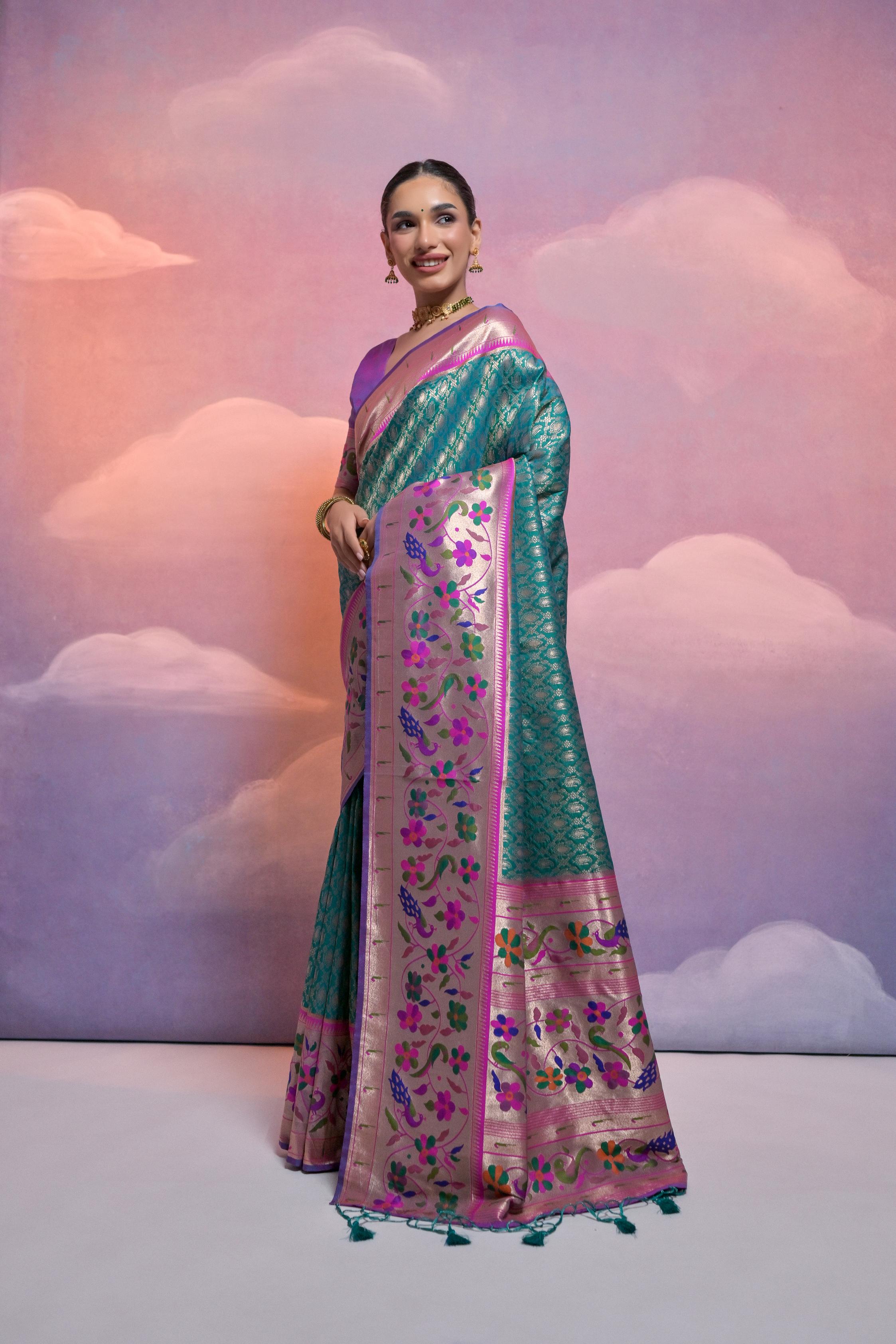 Jyoti Fashion Women's Rama Paithani Silk Zari Woven Saree with Blouse - Distacart