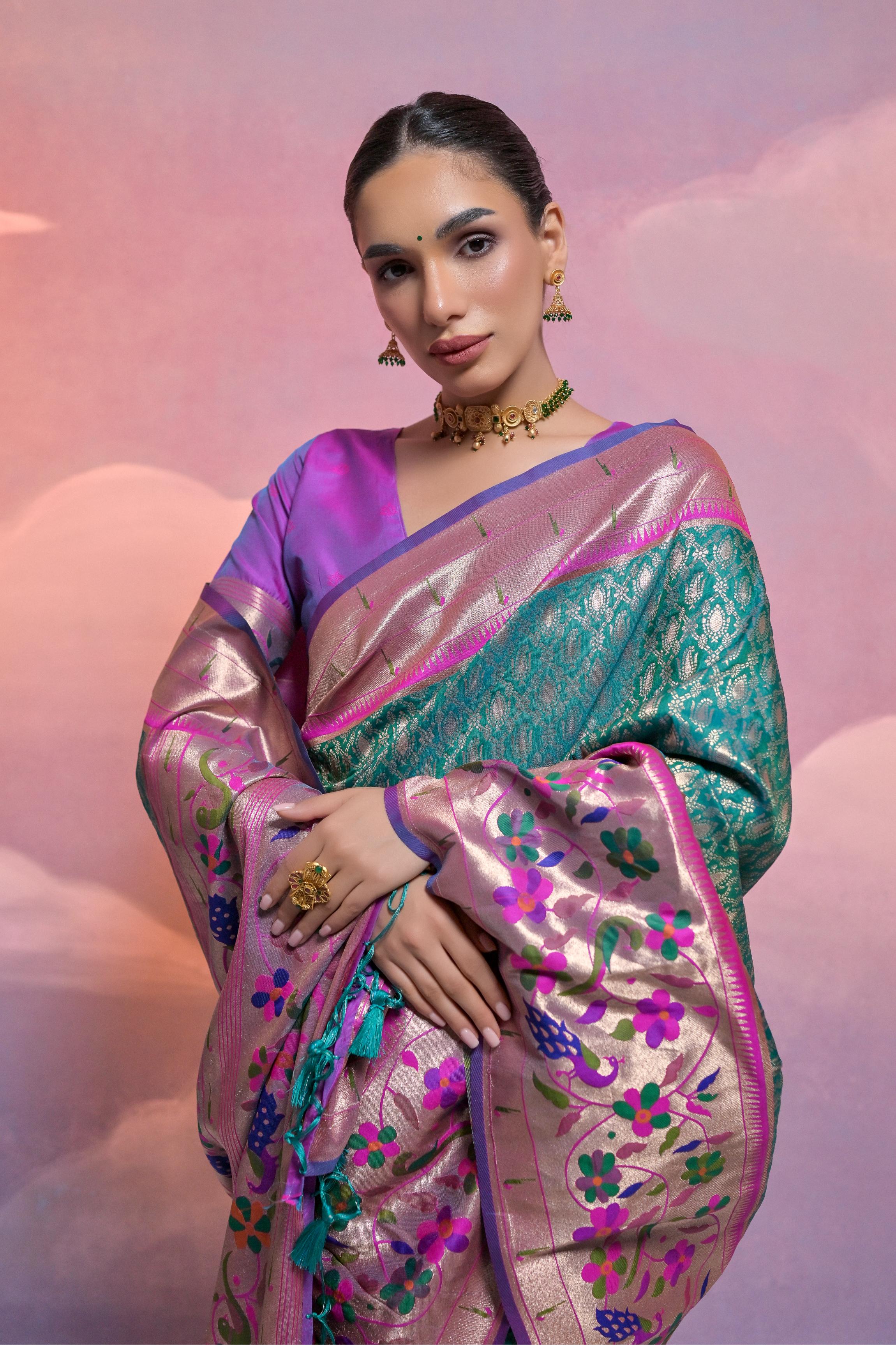 Jyoti Fashion Women's Rama Paithani Silk Zari Woven Saree with Blouse - Distacart