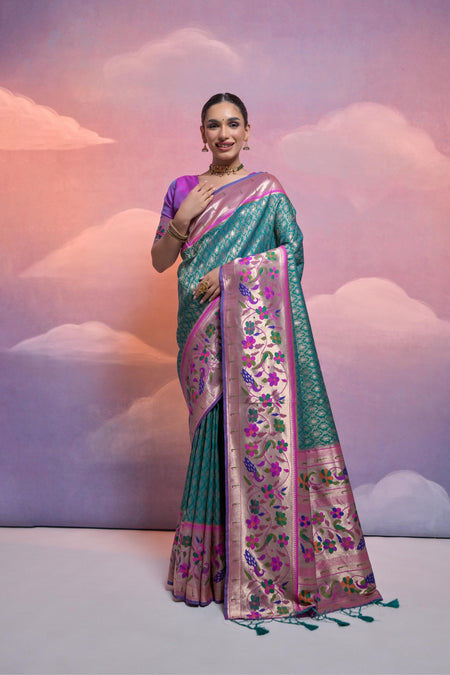 Jyoti Fashion Women's Rama Paithani Silk Zari Woven Saree with Blouse