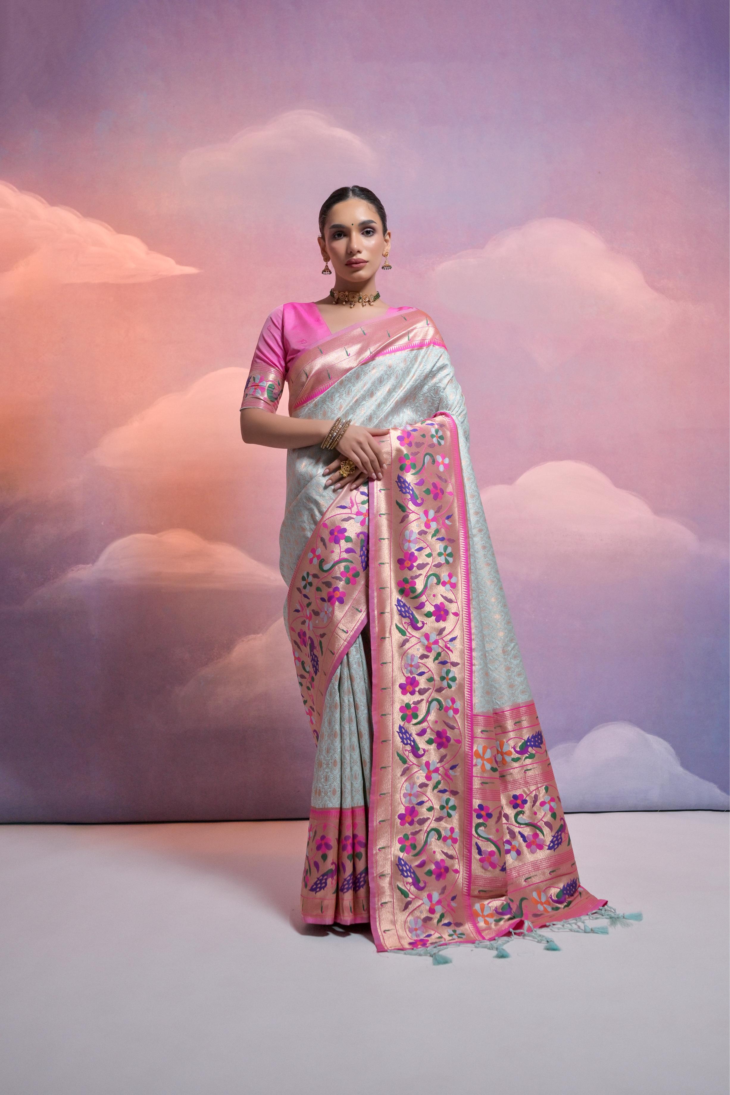 Jyoti Fashion Women's Sea Green Paithani Silk Zari Woven Saree with Blouse - Distacart
