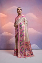 Jyoti Fashion Women's Off White Paithani Silk Zari Woven Saree with Blouse - Distacart