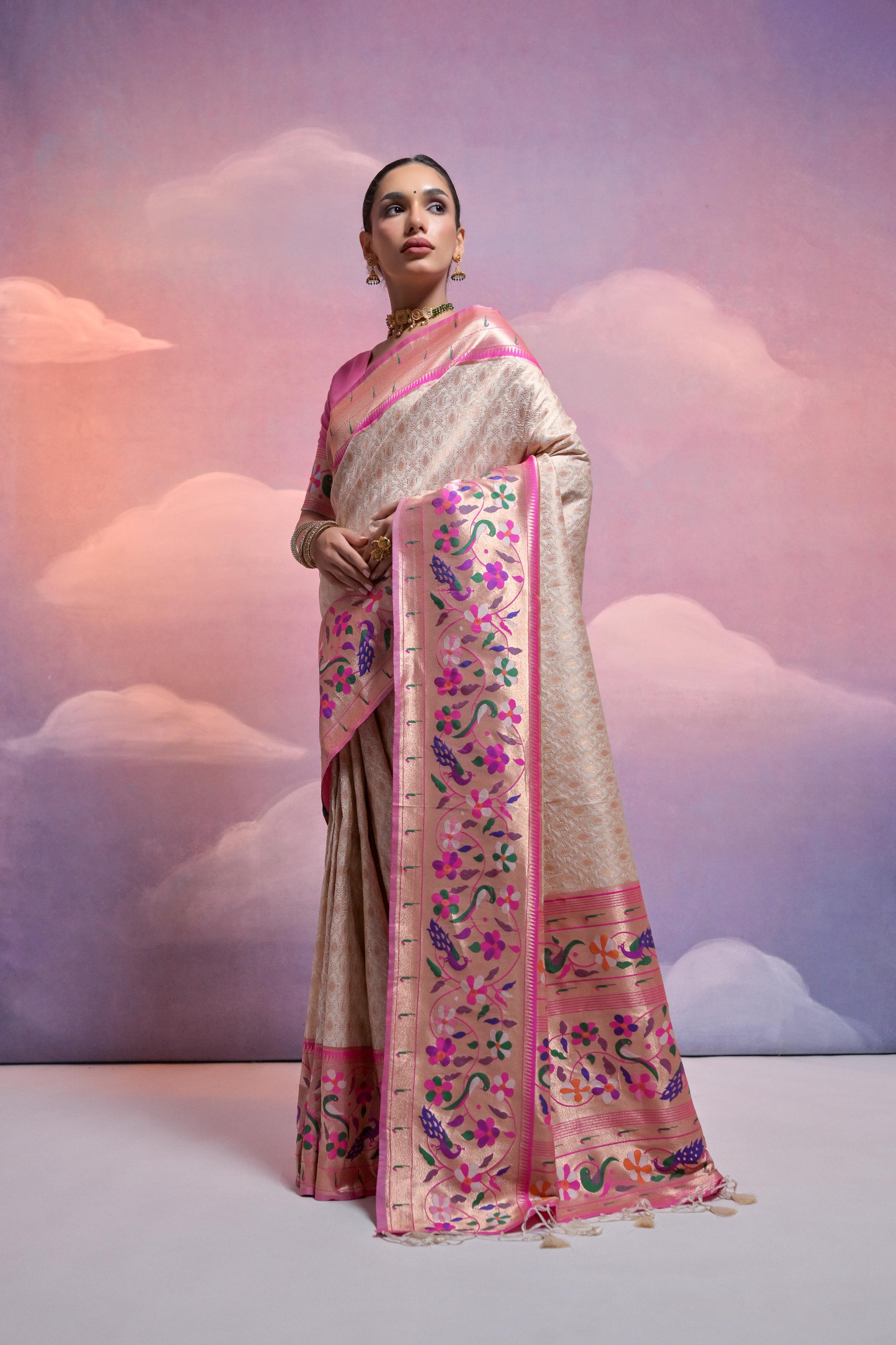 Jyoti Fashion Women's Off White Paithani Silk Zari Woven Saree with Blouse - Distacart