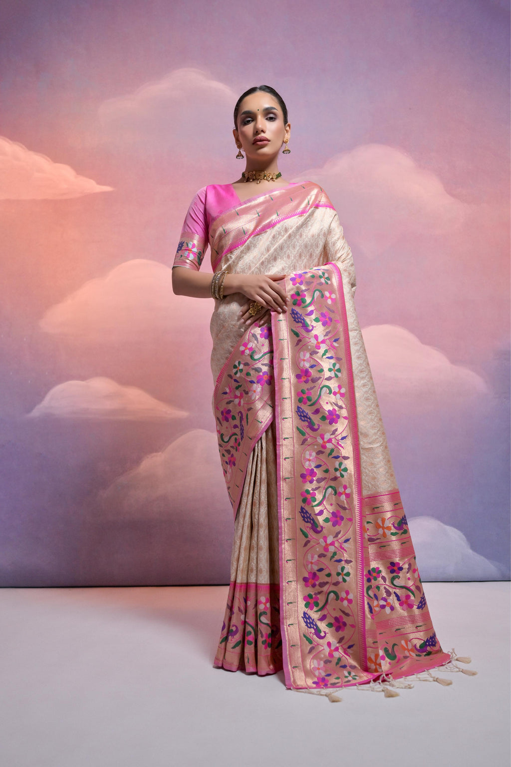 Jyoti Fashion Women's Off White Paithani Silk Zari Woven Saree with Blouse - Distacart