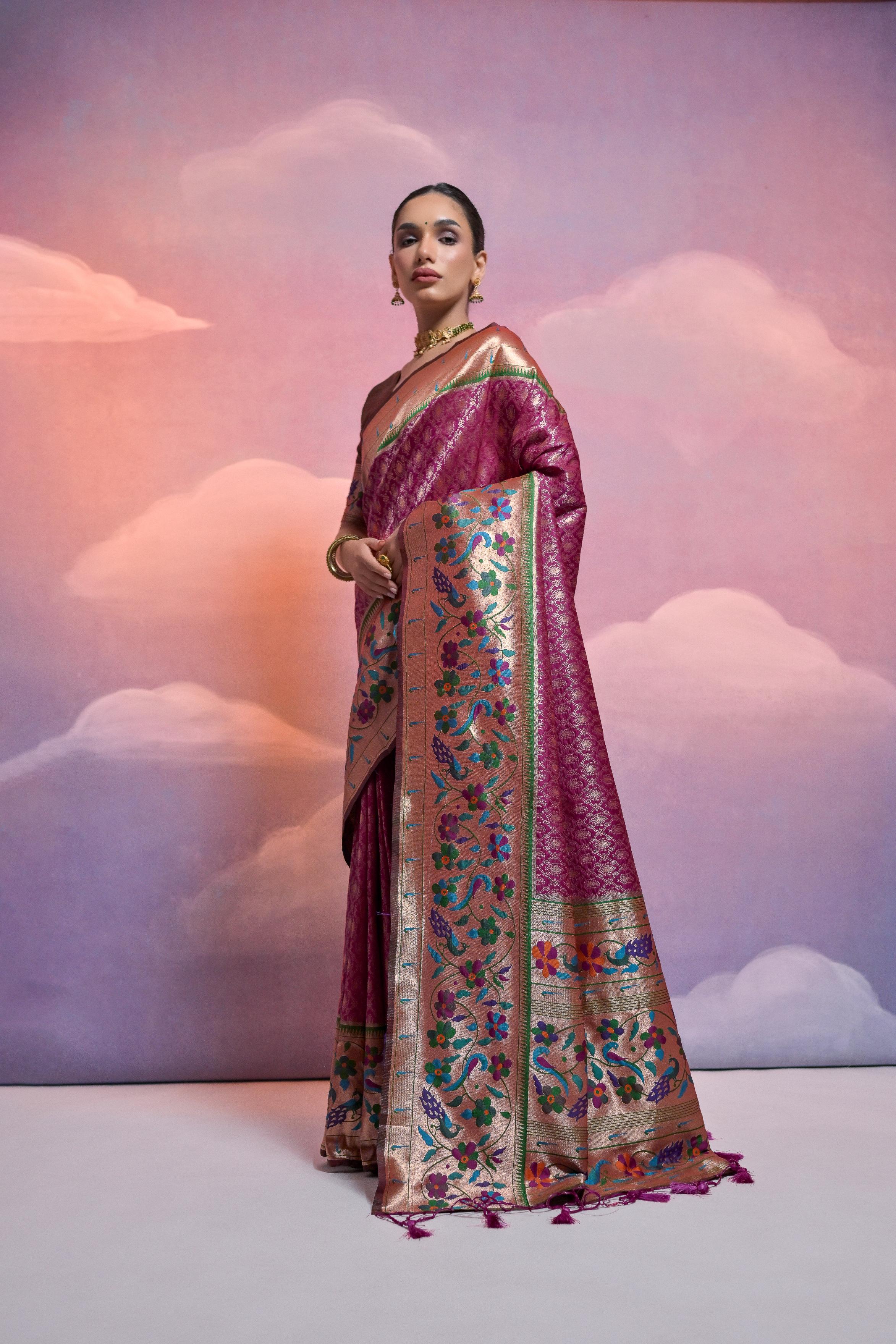 Jyoti Fashion Women's Wine Paithani Silk Zari Woven Saree with Blouse - Distacart